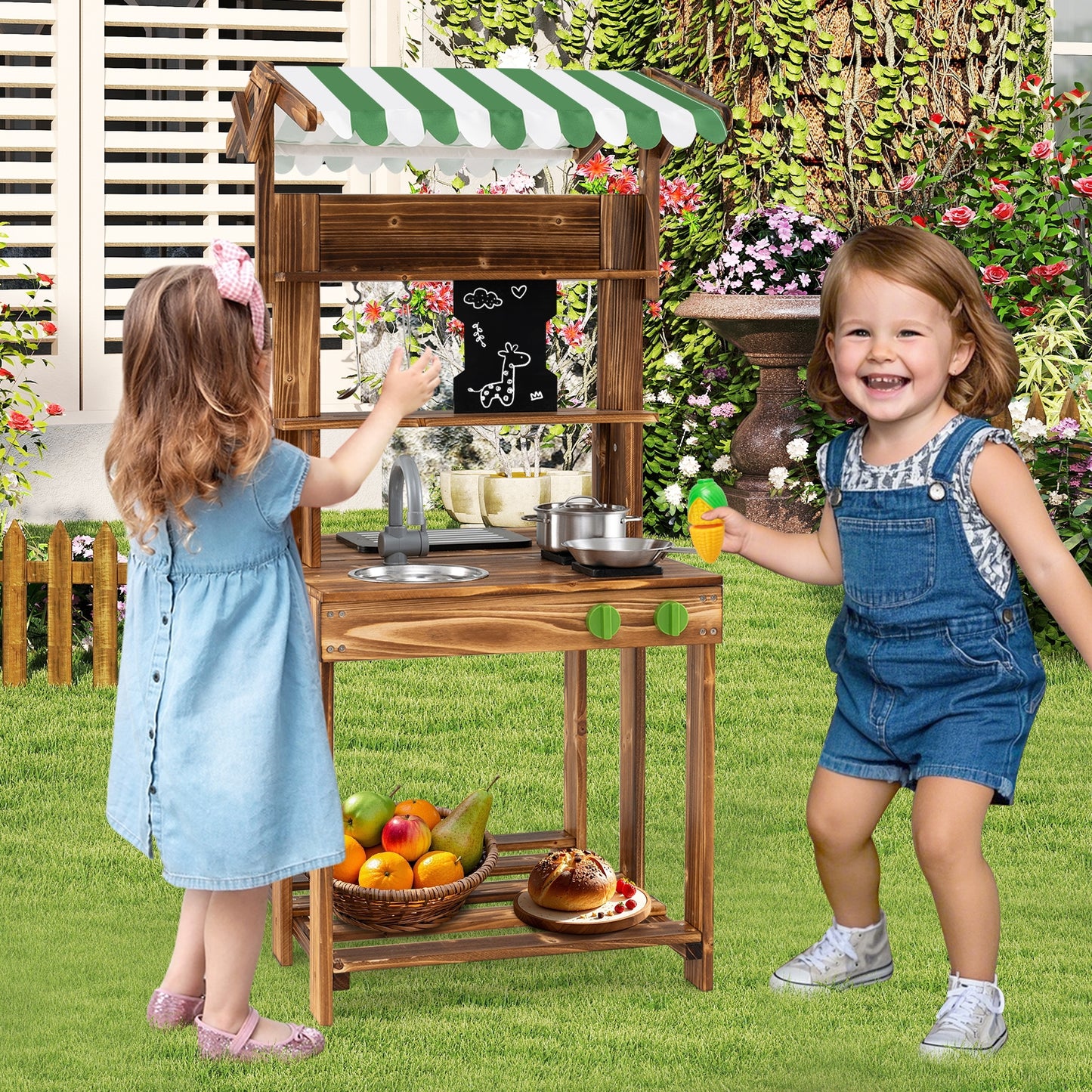 Double-Sided Mud Kitchen with Canopy and Chalkboard for 3+ Years Old-Natural Kids Crystal