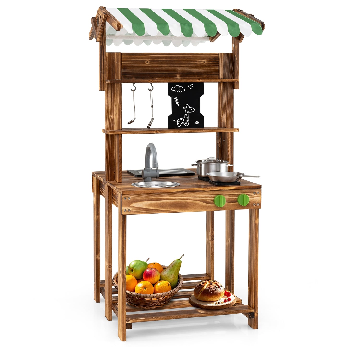 Double-Sided Mud Kitchen with Canopy and Chalkboard for 3+ Years Old-Natural Kids Crystal
