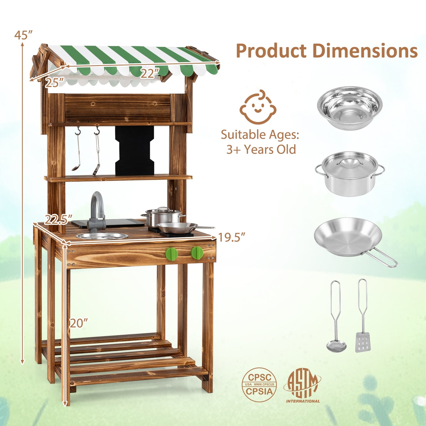 Double-Sided Mud Kitchen with Canopy and Chalkboard for 3+ Years Old-Natural Kids Crystal