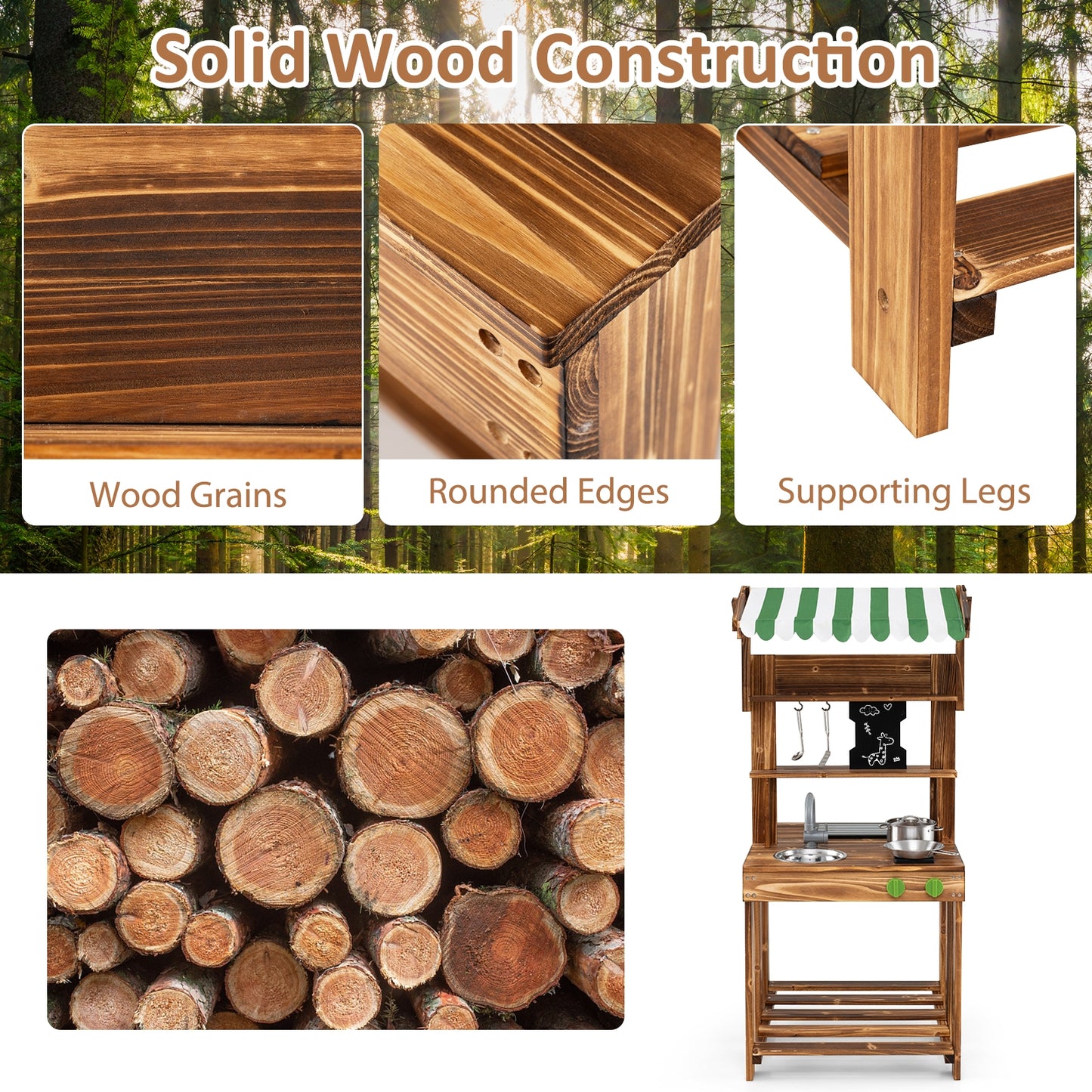 Double-Sided Mud Kitchen with Canopy and Chalkboard for 3+ Years Old-Natural Kids Crystal