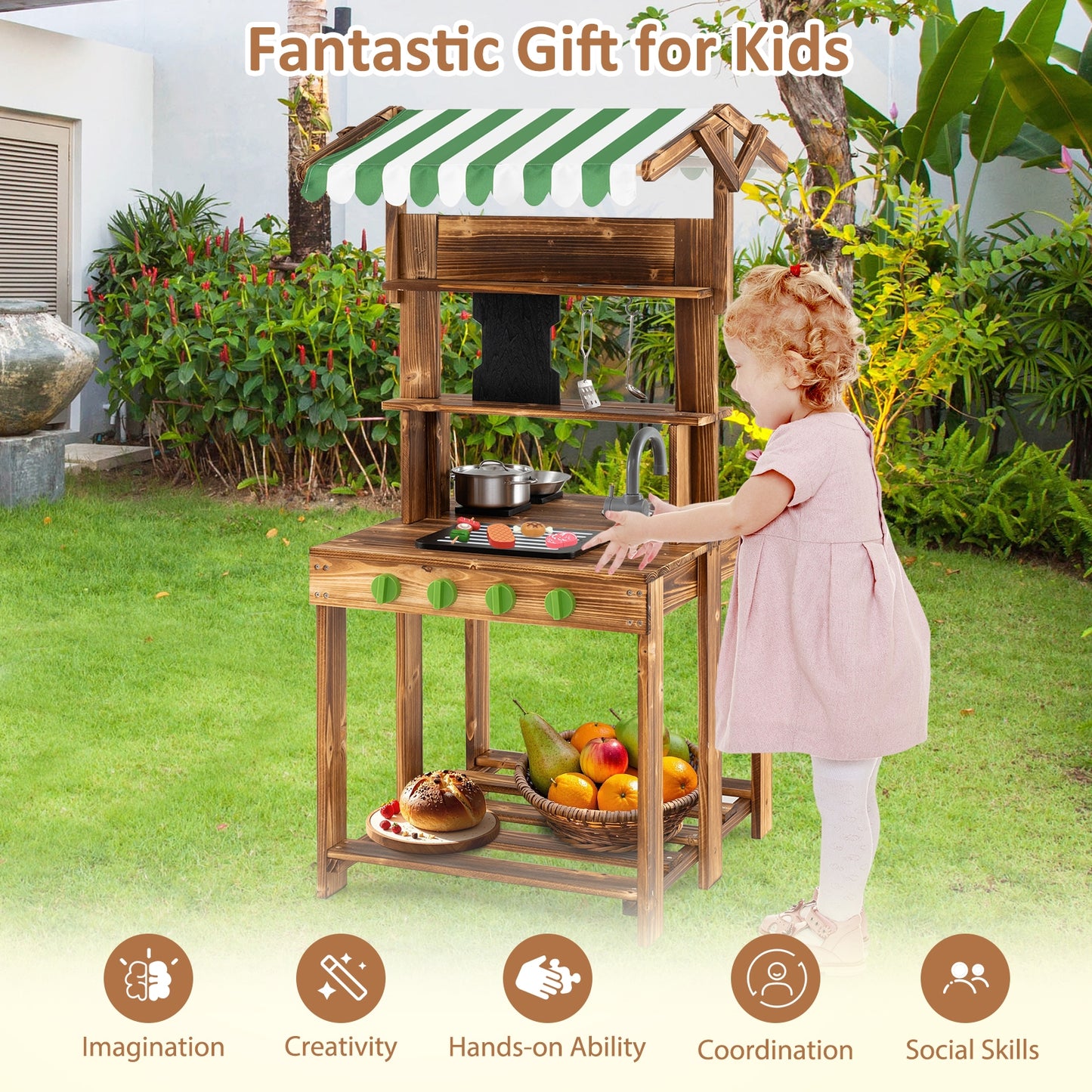 Double-Sided Mud Kitchen with Canopy and Chalkboard for 3+ Years Old-Natural Kids Crystal