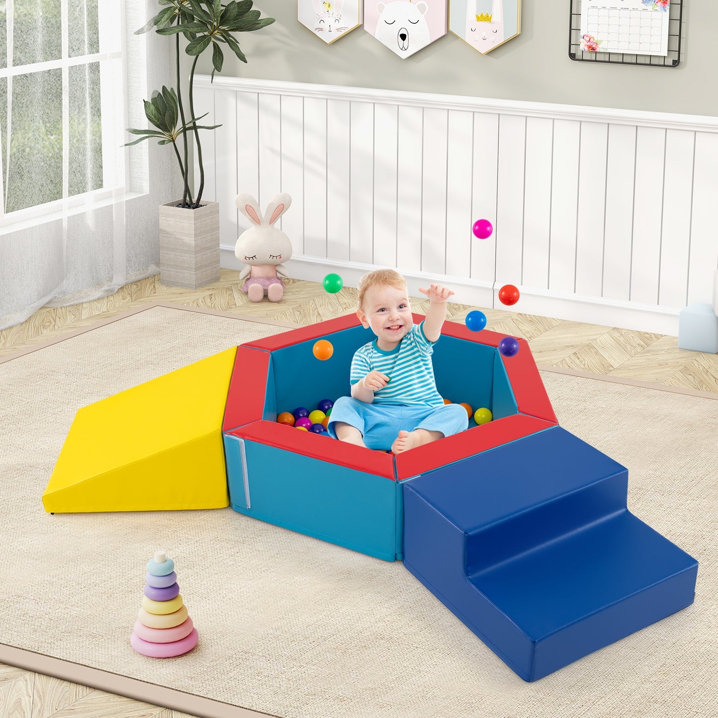 3-Piece Baby Foam Climbing Blocks Climb and Crawl Set with 100 Ocean Balls-Yellow Kids Crystal