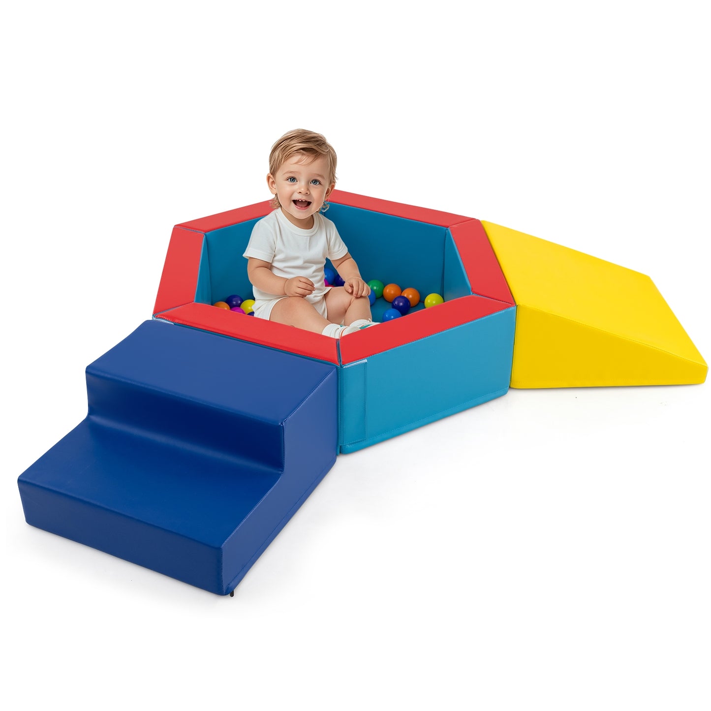 3-Piece Baby Foam Climbing Blocks Climb and Crawl Set with 100 Ocean Balls-Yellow Kids Crystal