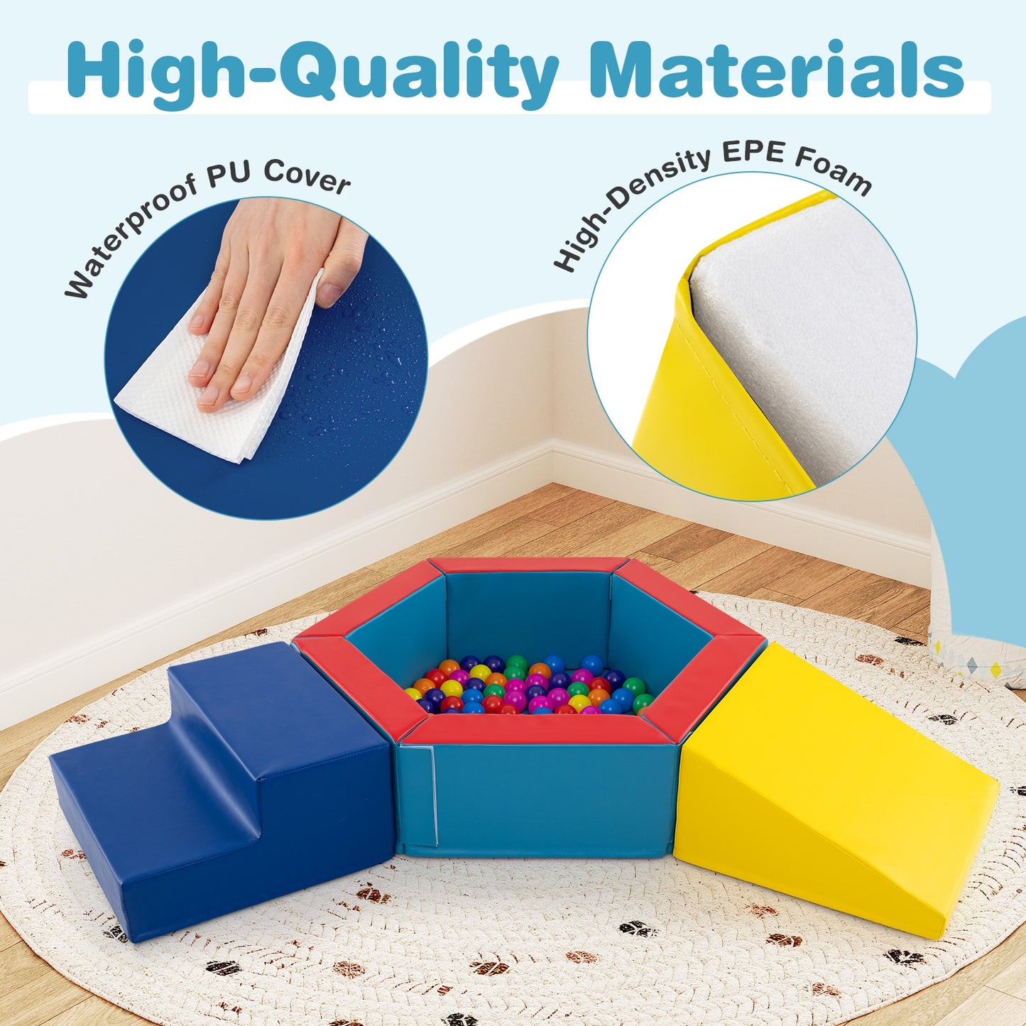 3-Piece Baby Foam Climbing Blocks Climb and Crawl Set with 100 Ocean Balls-Yellow Kids Crystal