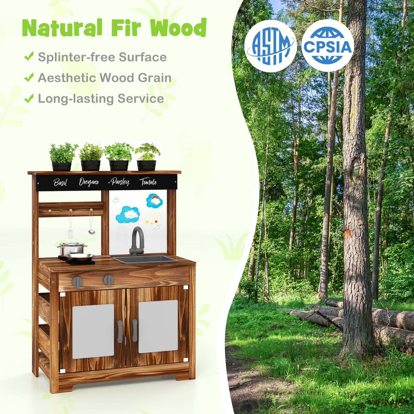 Mud Kitchen Fir Wood Play Kitchen with 4 Panting Pots Faucet Removable Sink-Natural Kids Crystal