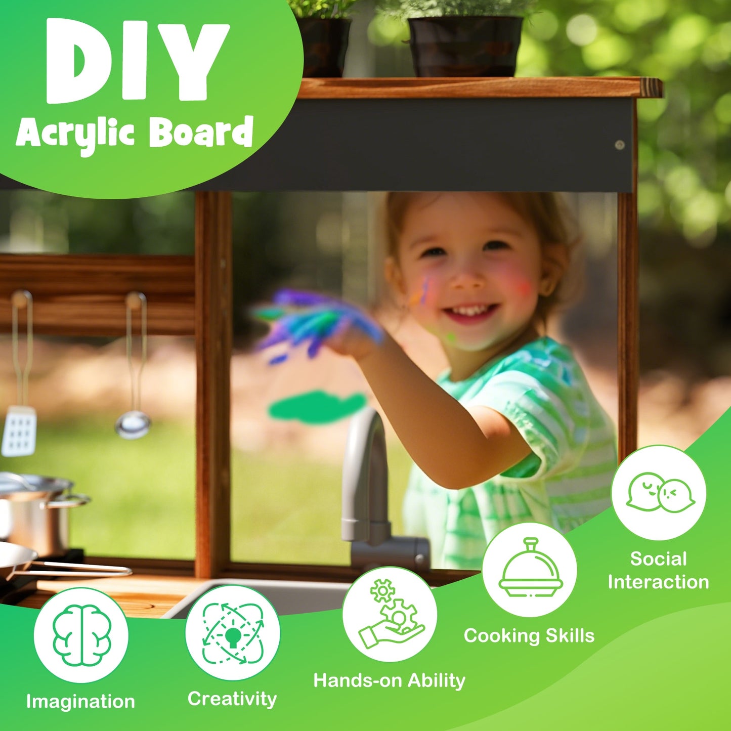 Mud Kitchen Fir Wood Play Kitchen with 4 Panting Pots Faucet Removable Sink-Natural Kids Crystal