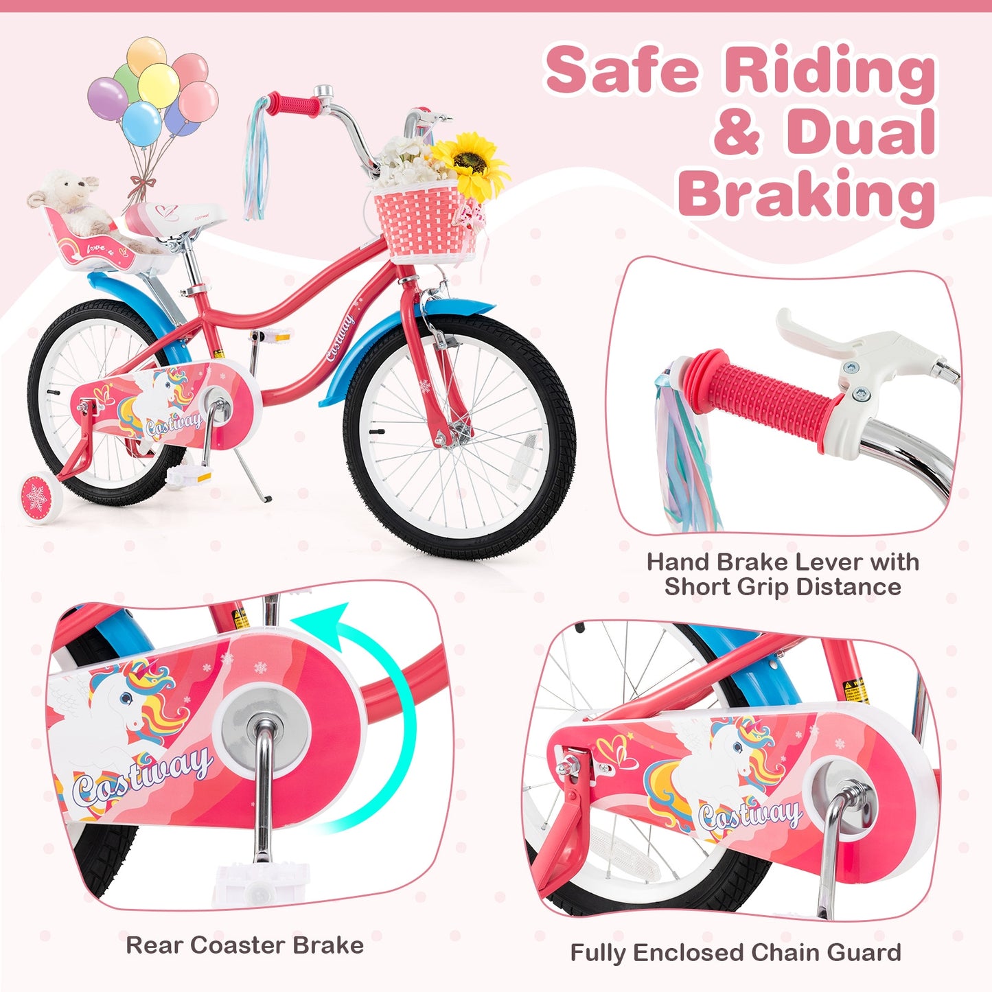 18 Inch Girls Bike for 4-8 Years Old Kids Bike with Doll Seat and Training Wheels Kids Crystal