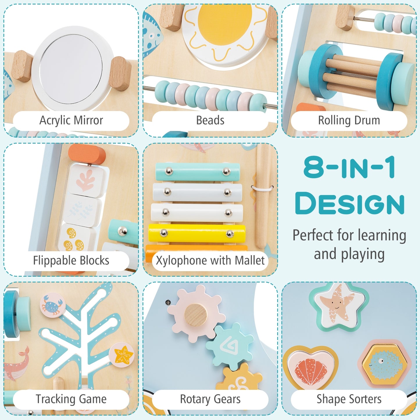 Wooden Baby Walker Push and Pull Learning Activity Center with Wheels-Blue