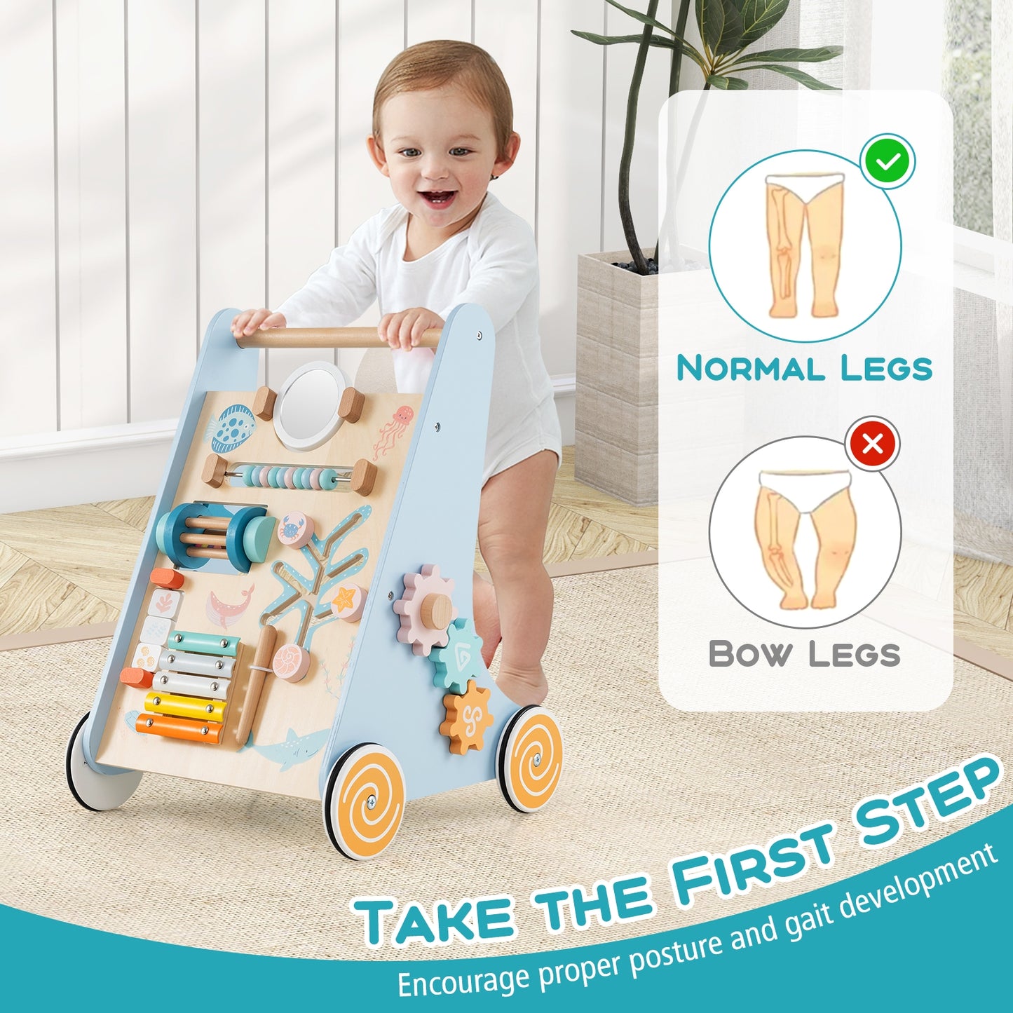 Wooden Baby Walker Push and Pull Learning Activity Center with Wheels-Blue Kids Crystal