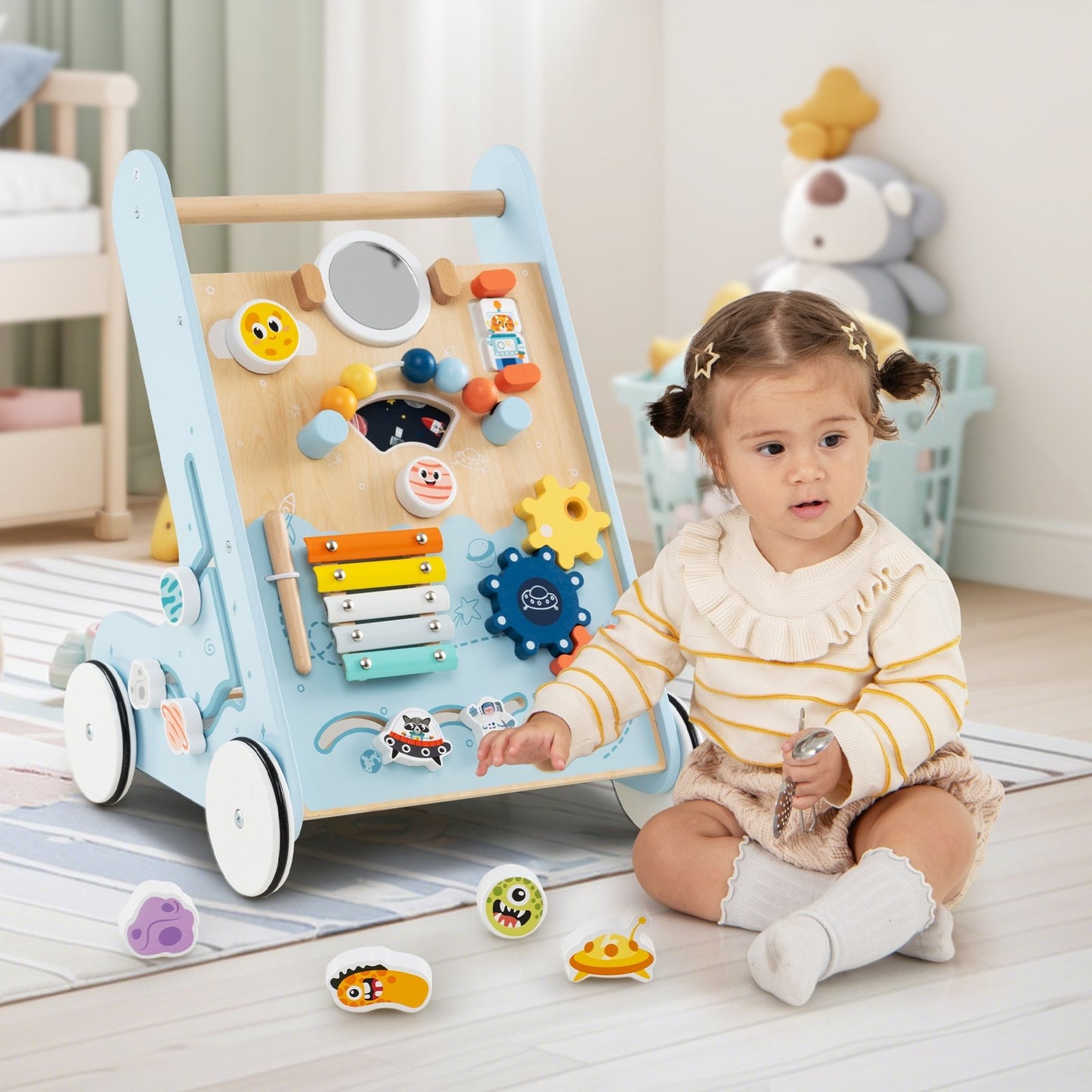 Wooden Baby Walker Push and Pull Learning Activity Center with Wheels for Toddlers 1+ Years Old-Green