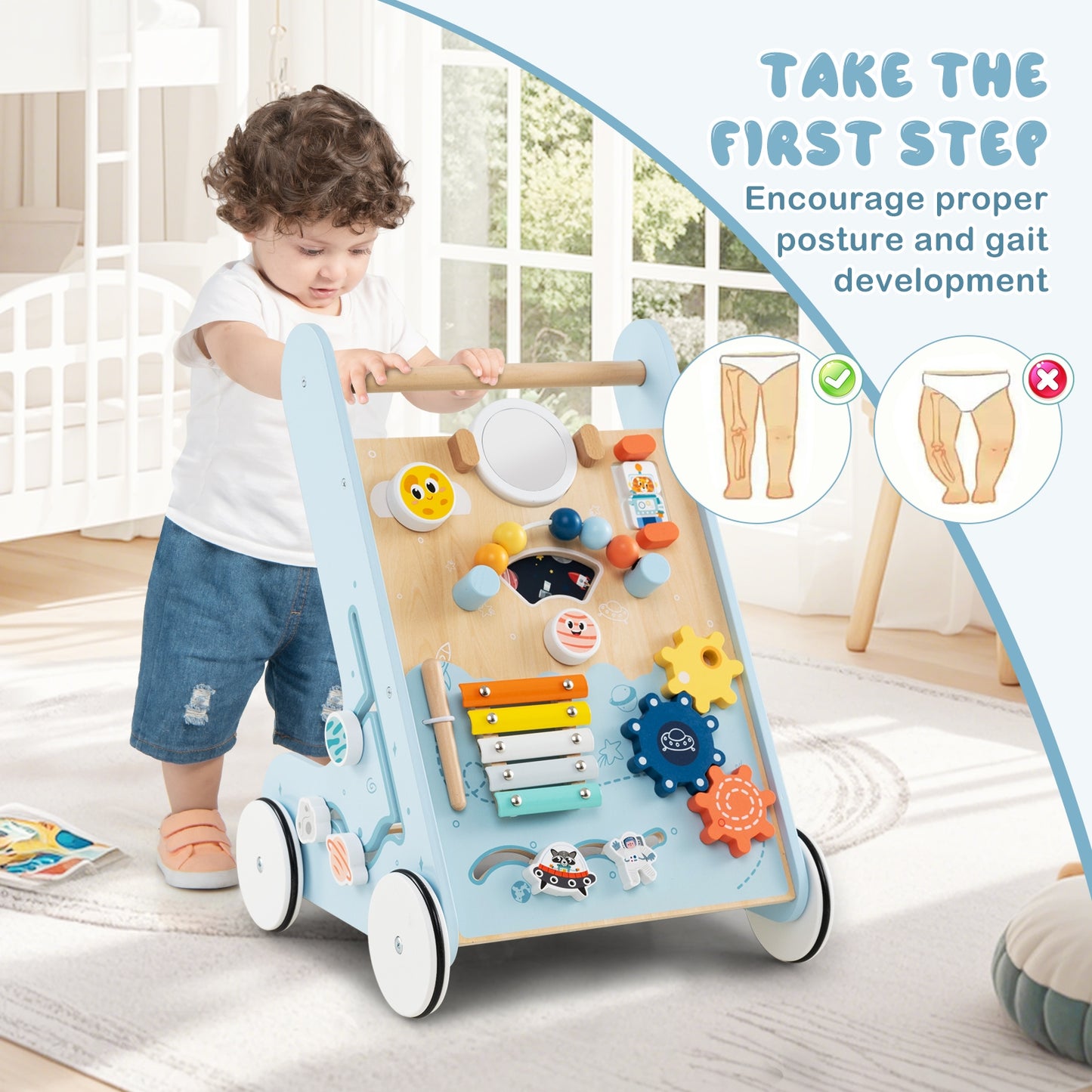 Wooden Baby Walker Push and Pull Learning Activity Center with Wheels for Toddlers 1+ Years Old-Blue