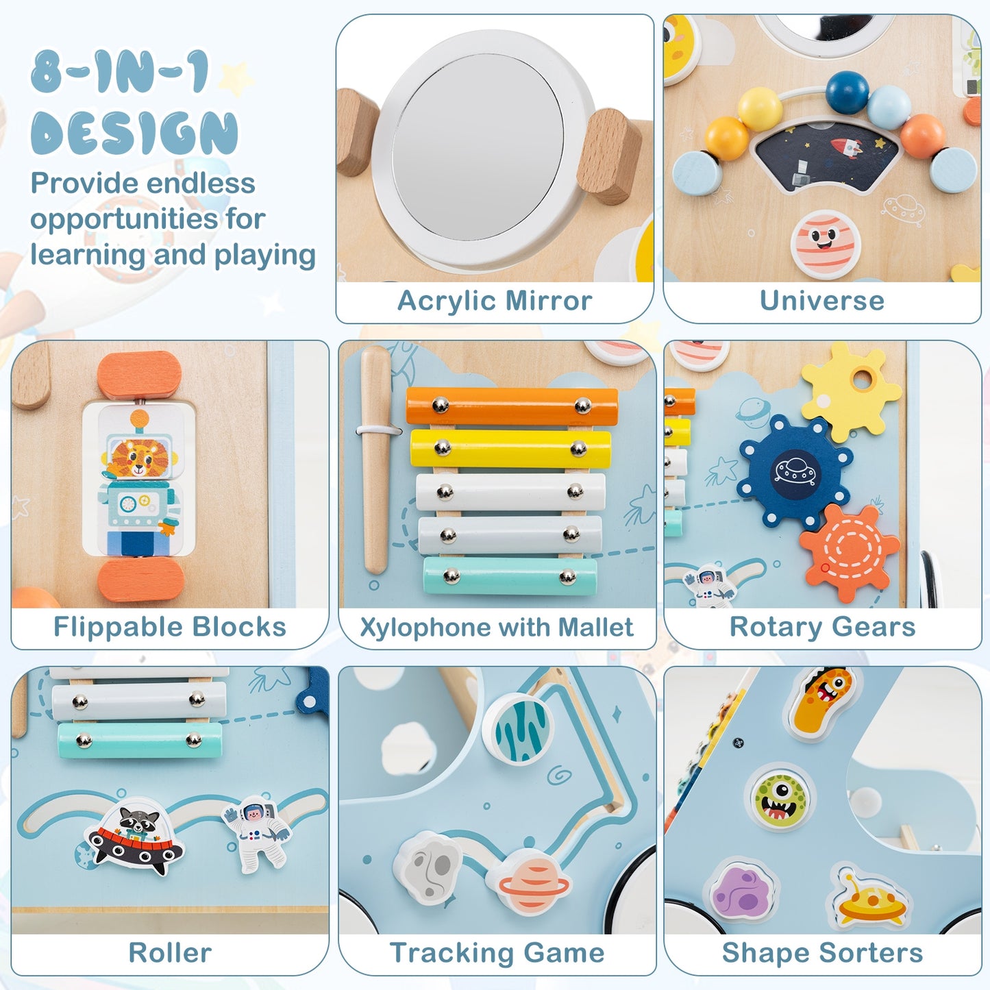 Wooden Baby Walker Push and Pull Learning Activity Center with Wheels for Toddlers 1+ Years Old-Blue Kids Crystal