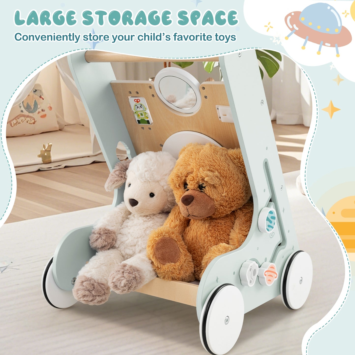 Wooden Baby Walker Push and Pull Learning Activity Center with Wheels for Toddlers 1+ Years Old-Green