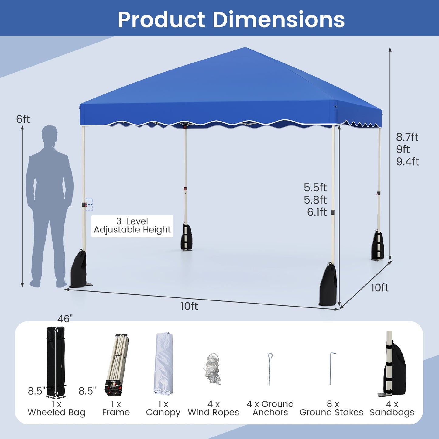 Foldable 10 X 10 Feet Pop up Canopy Tent with Wheeled Bag-Blue Kids Crystal