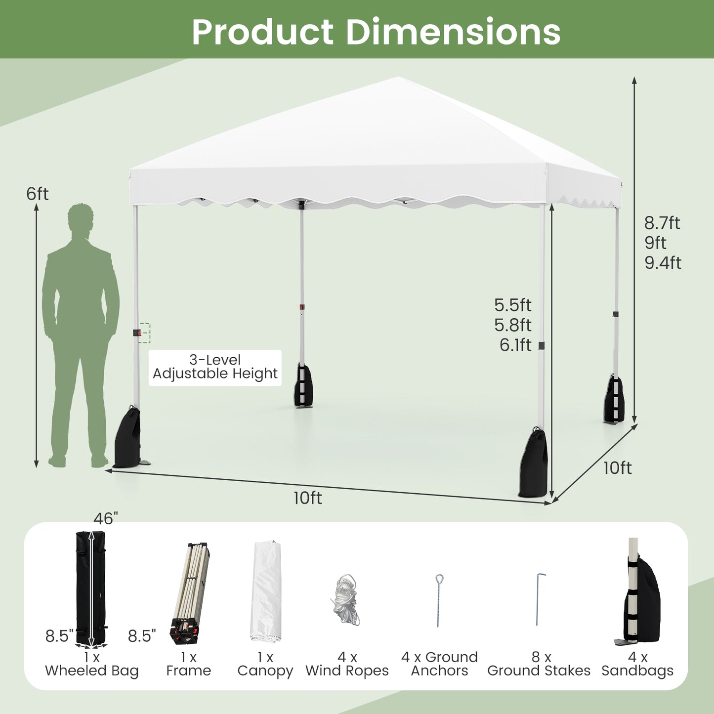 Foldable 10 X 10 Feet Pop up Canopy Tent with Wheeled Bag-White Kids Crystal