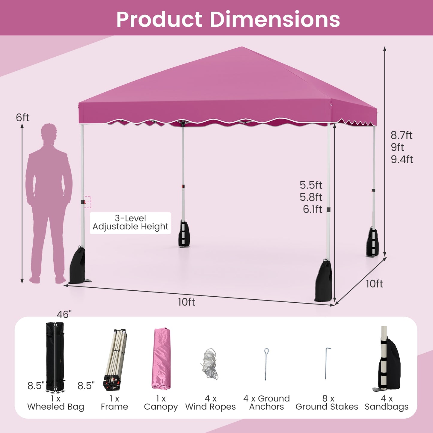 Foldable 10 X 10 Feet Pop up Canopy Tent with Wheeled Bag-Pink Kids Crystal
