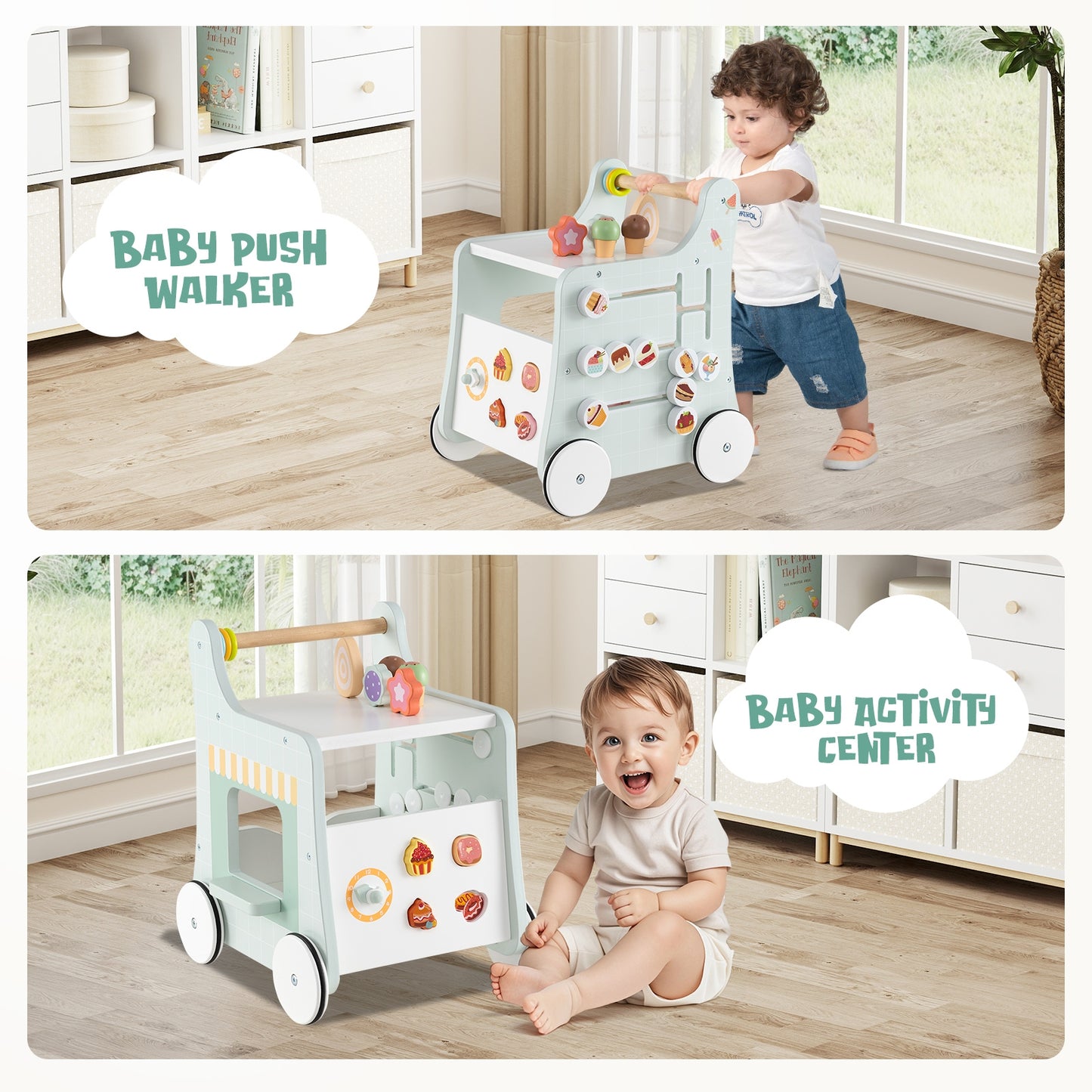2-in-1 Baby Walker with Storage and Ice Creams for 1+ Years Old-Light Green