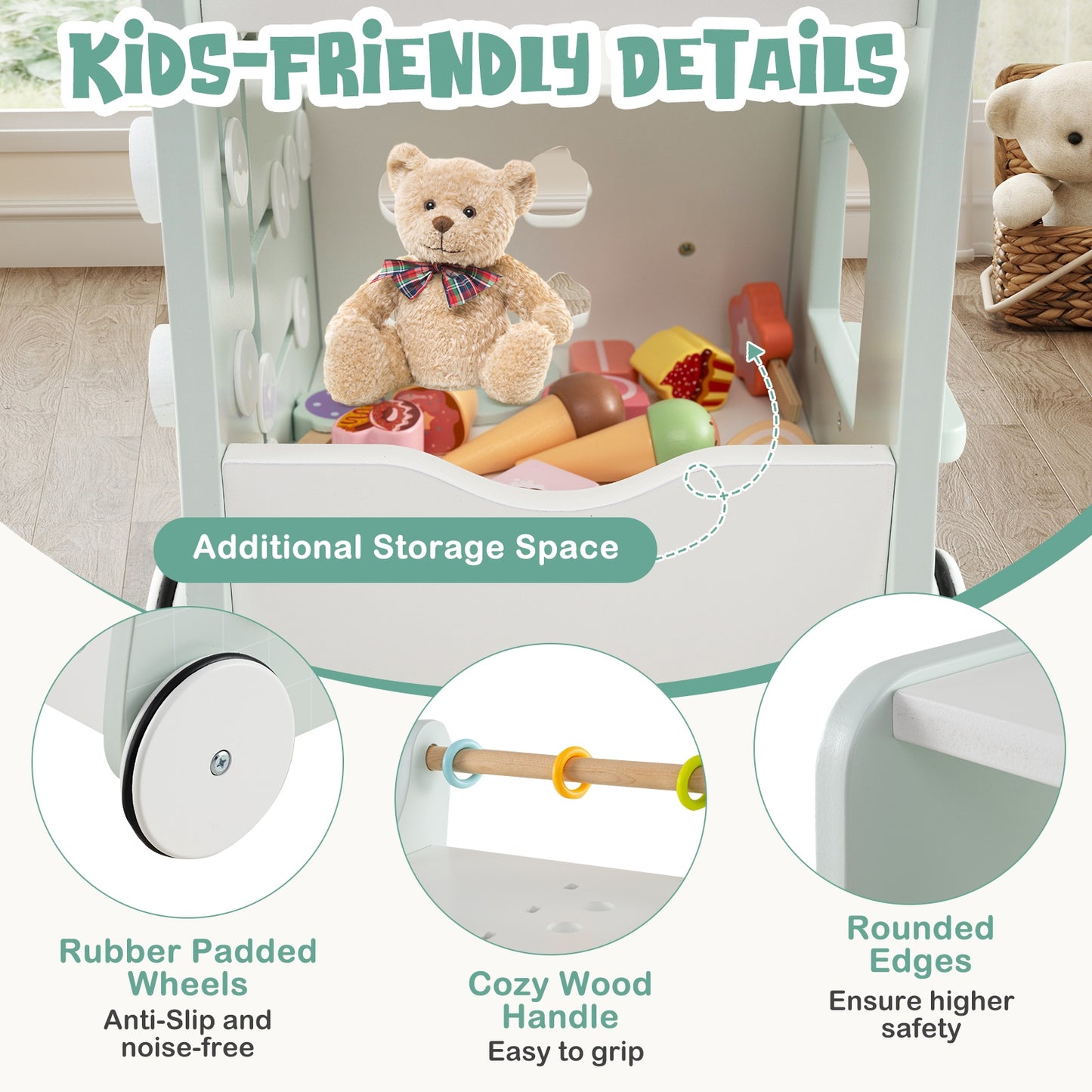 2-in-1 Baby Walker with Storage and Ice Creams for 1+ Years Old-Light Green Kids Crystal