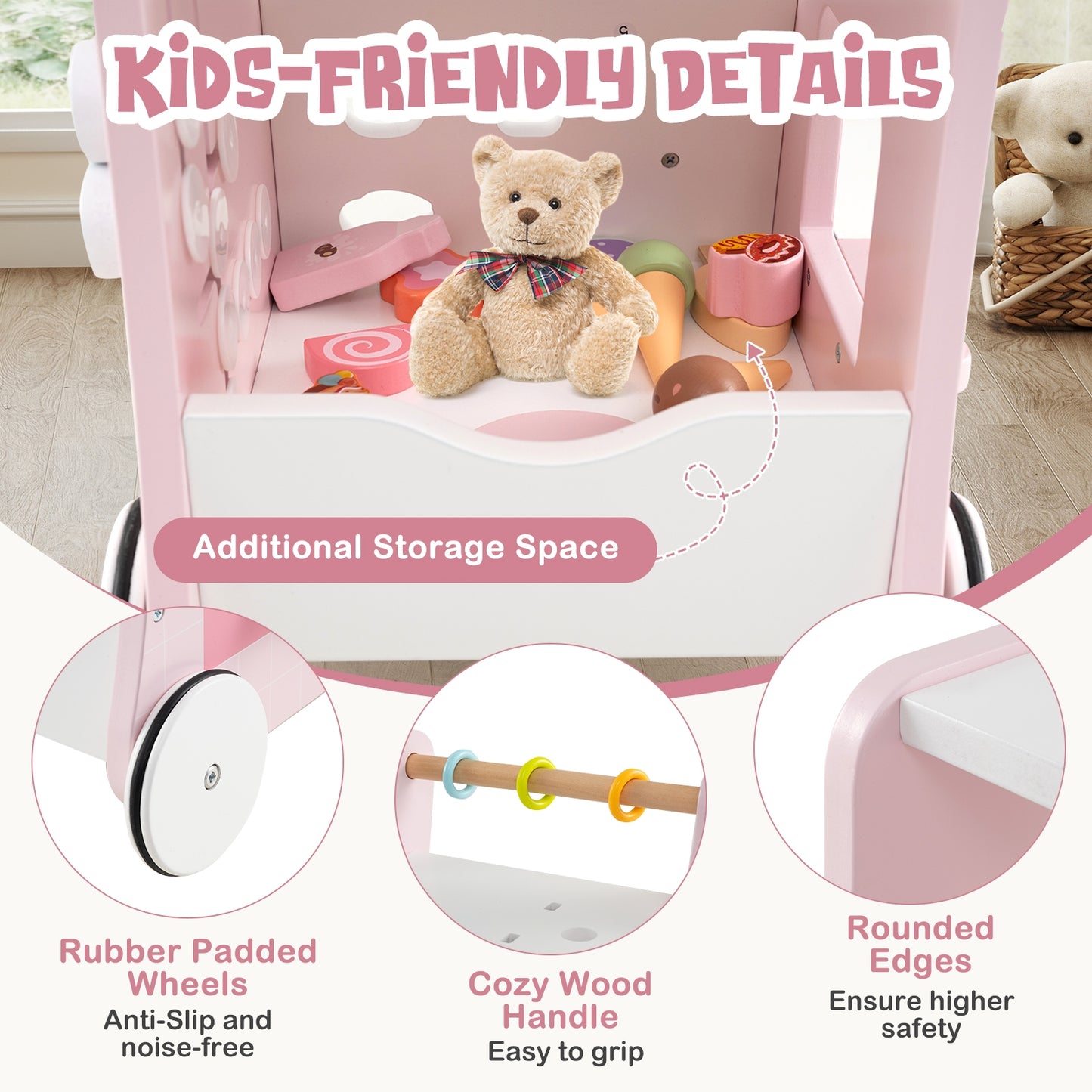 2-in-1 Baby Walker with Storage and Ice Creams for 1+ Years Old-Pink Kids Crystal