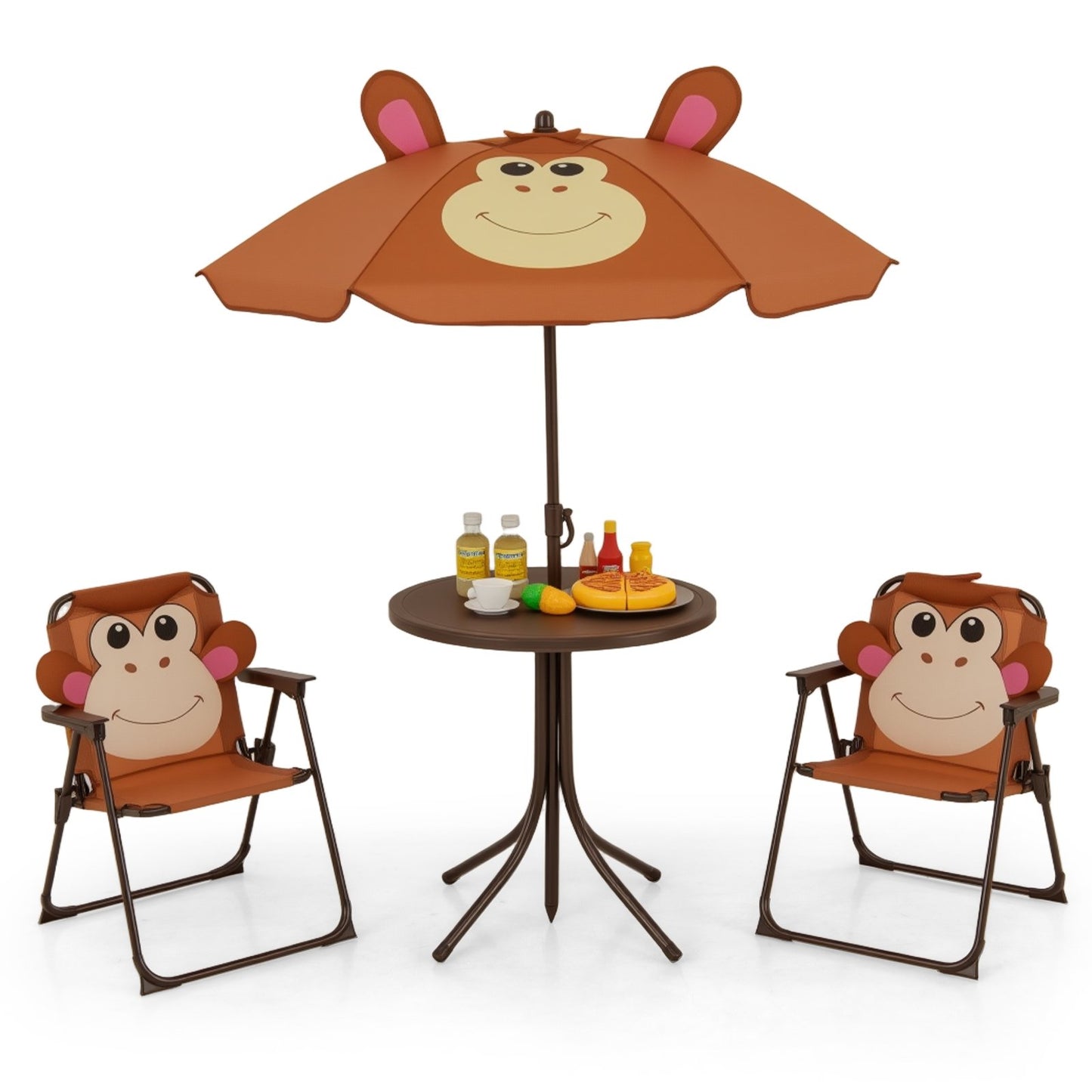 4 Pieces Kids Picnic Set with 2 Folding Chairs and Height Adjustable Umbrella-Brown Kids Crystal