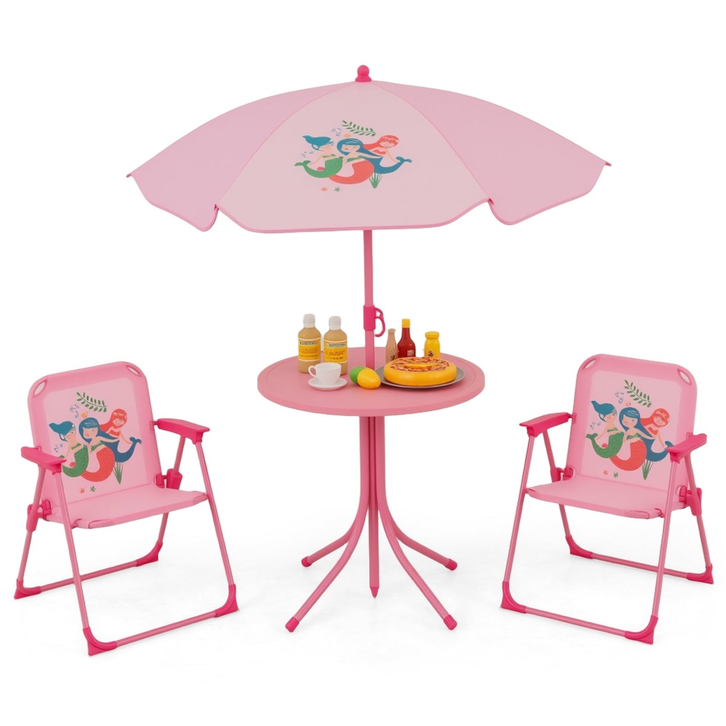 4 Pieces Kids Picnic Set with 2 Folding Chairs and Height Adjustable Umbrella-Pink Kids Crystal
