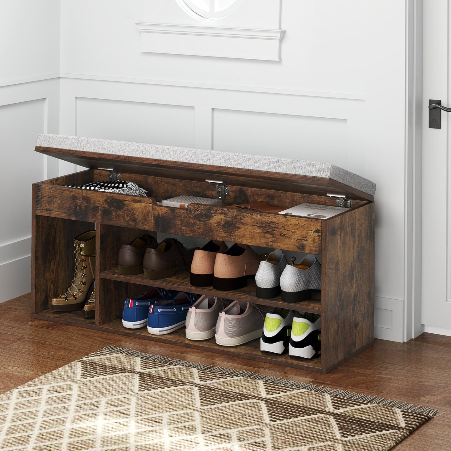 Padded Seat Shoe Bench with Hidden Storage and 3 Open Shelves-Coffee Kids Crystal