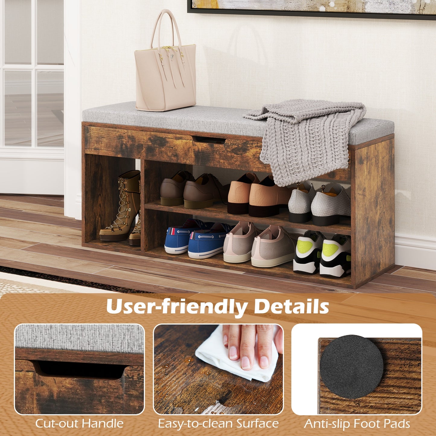 Padded Seat Shoe Bench with Hidden Storage and 3 Open Shelves-Coffee Kids Crystal