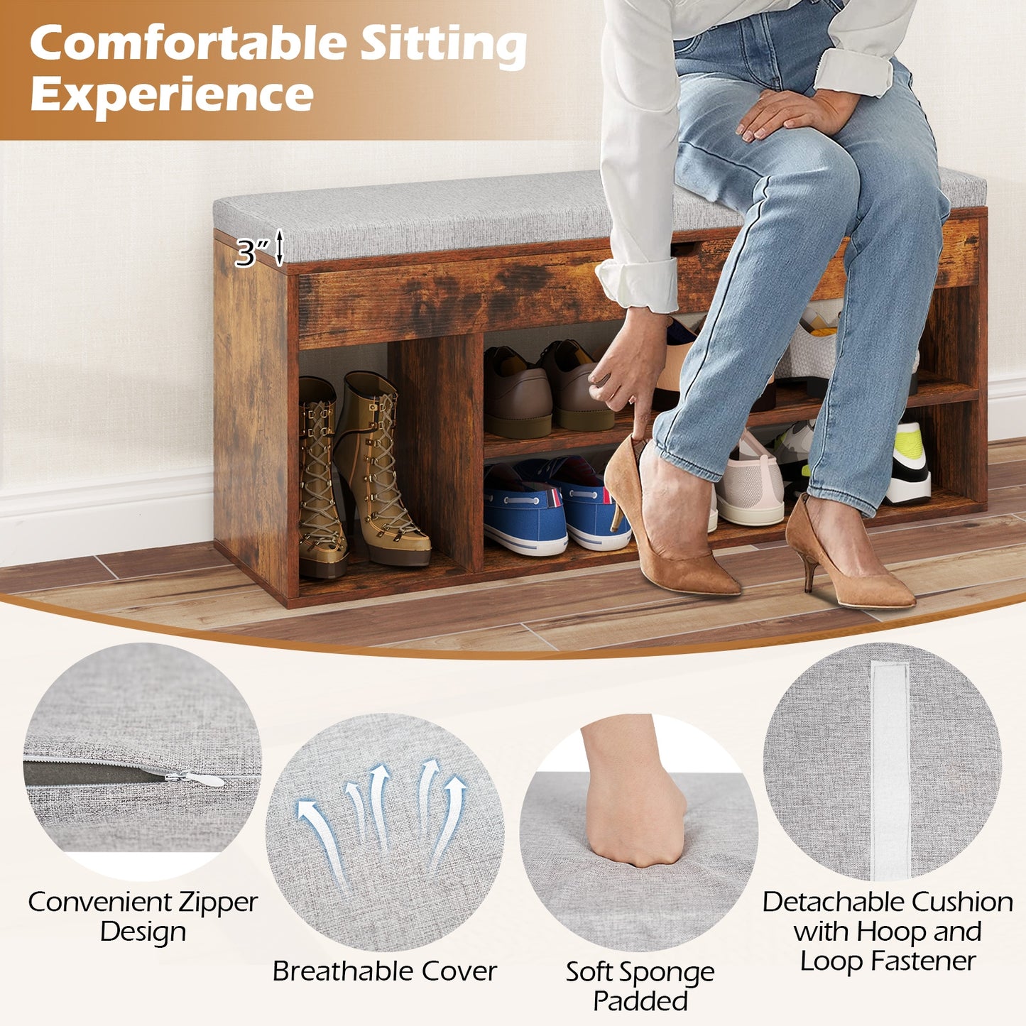 Padded Seat Shoe Bench with Hidden Storage and 3 Open Shelves-Coffee Kids Crystal