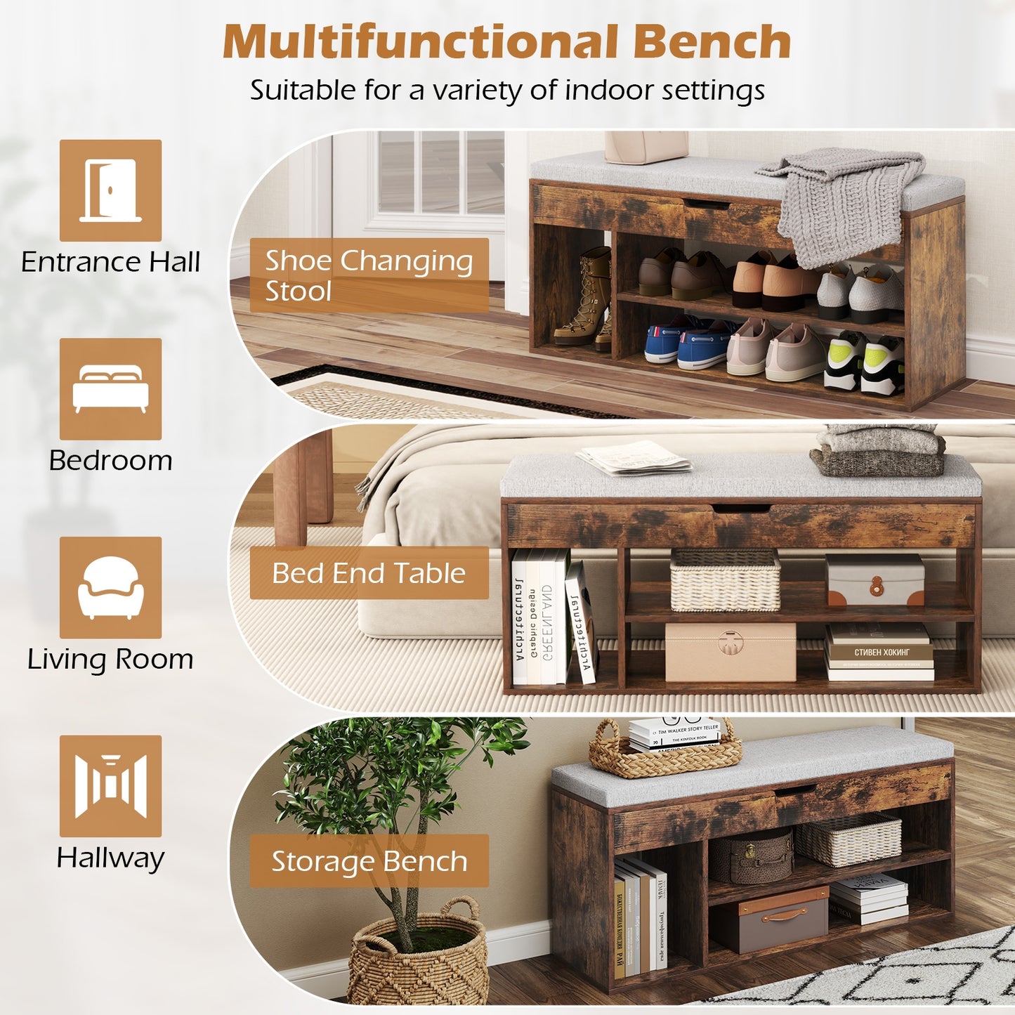 Padded Seat Shoe Bench with Hidden Storage and 3 Open Shelves-Coffee Kids Crystal