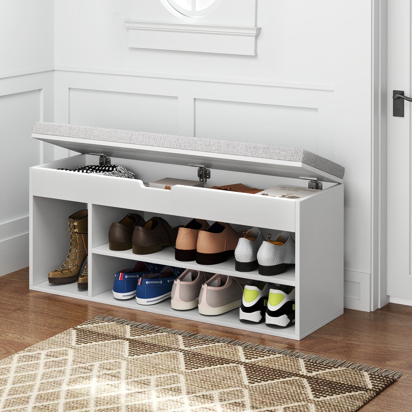 Padded Seat Shoe Bench with Hidden Storage and 3 Open Shelves-White Kids Crystal