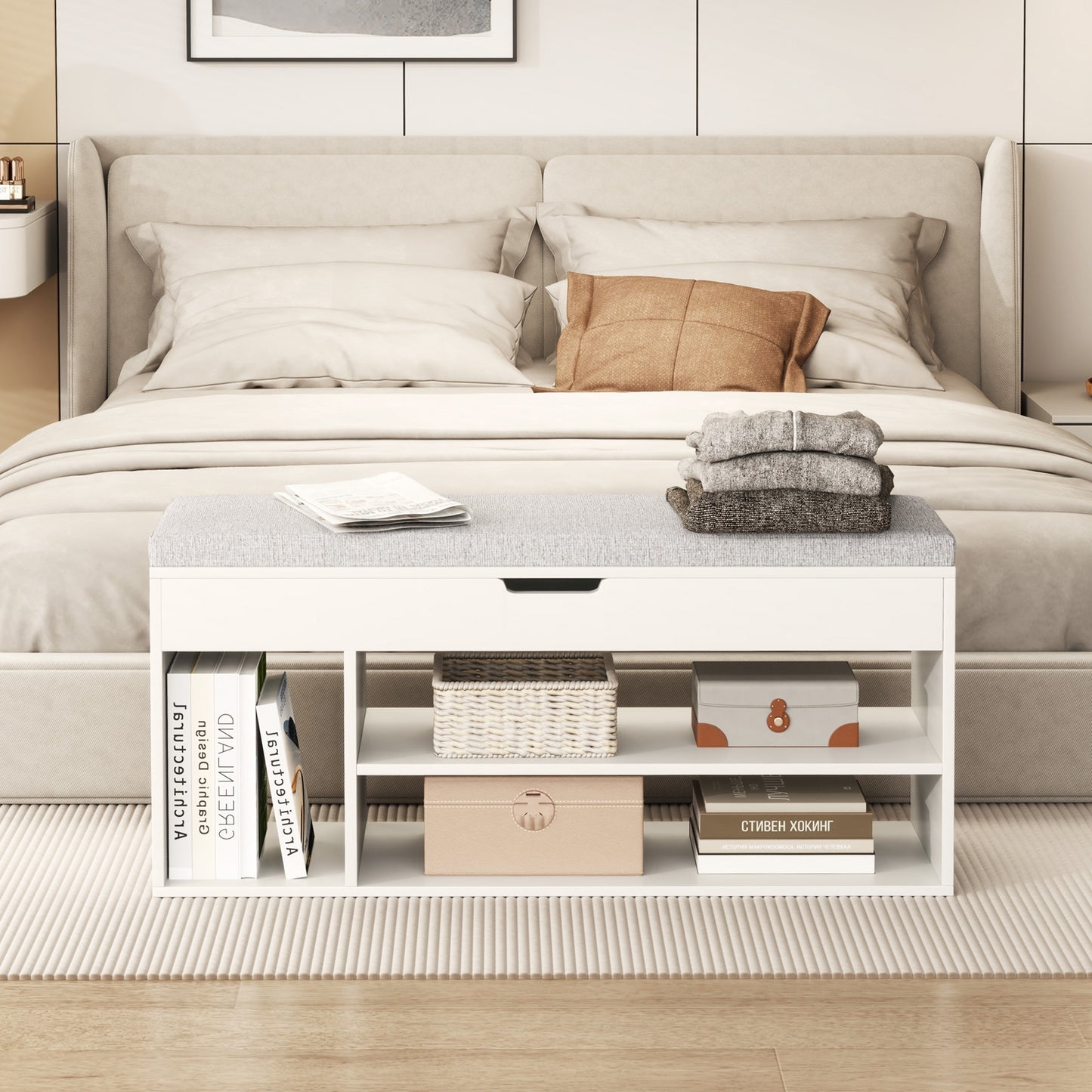 Padded Seat Shoe Bench with Hidden Storage and 3 Open Shelves-White Kids Crystal