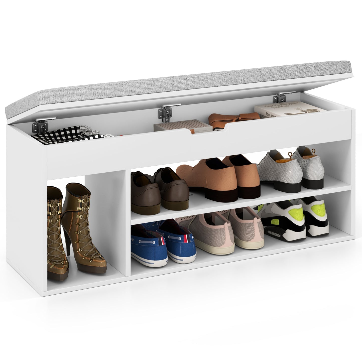 Padded Seat Shoe Bench with Hidden Storage and 3 Open Shelves-White Kids Crystal