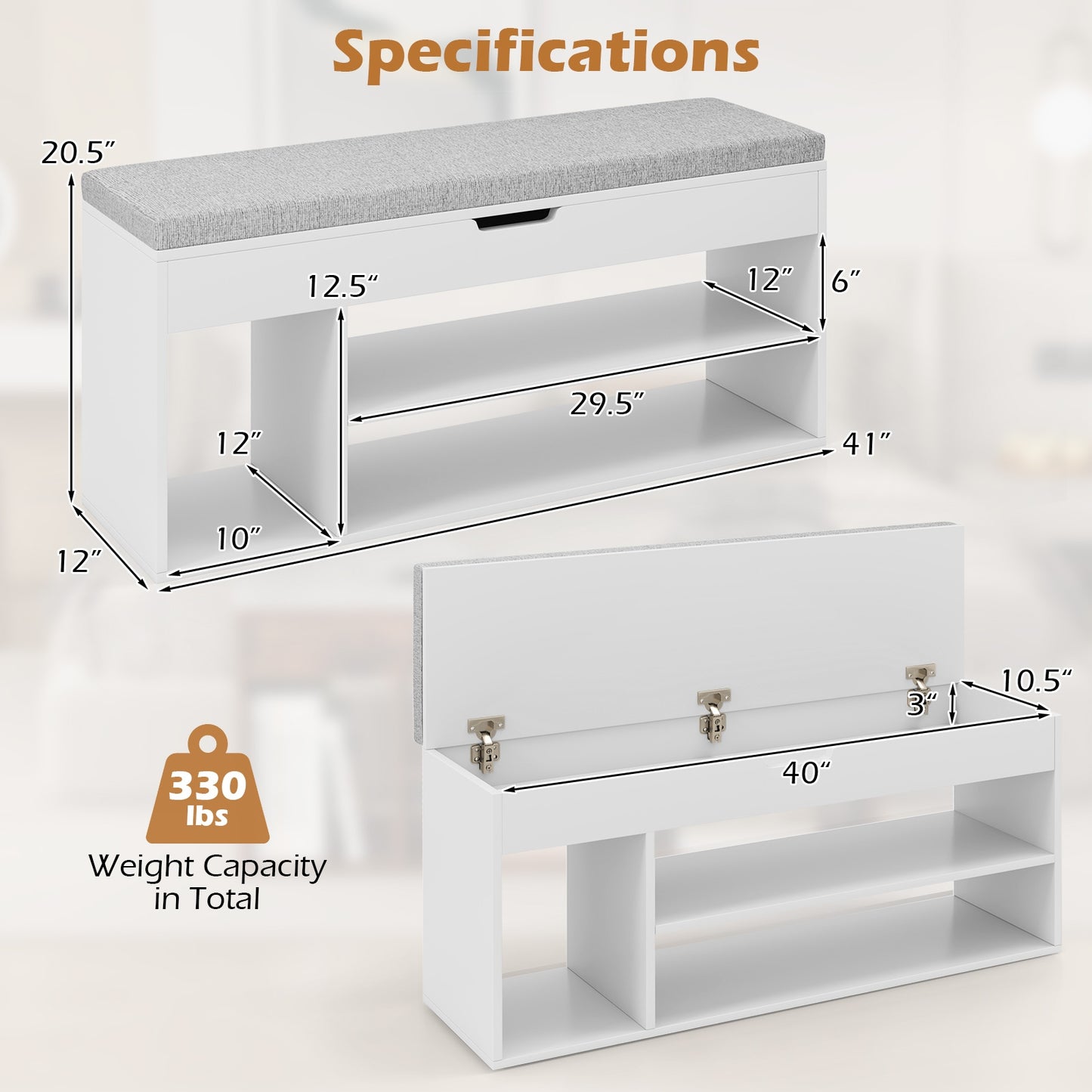Padded Seat Shoe Bench with Hidden Storage and 3 Open Shelves-White Kids Crystal