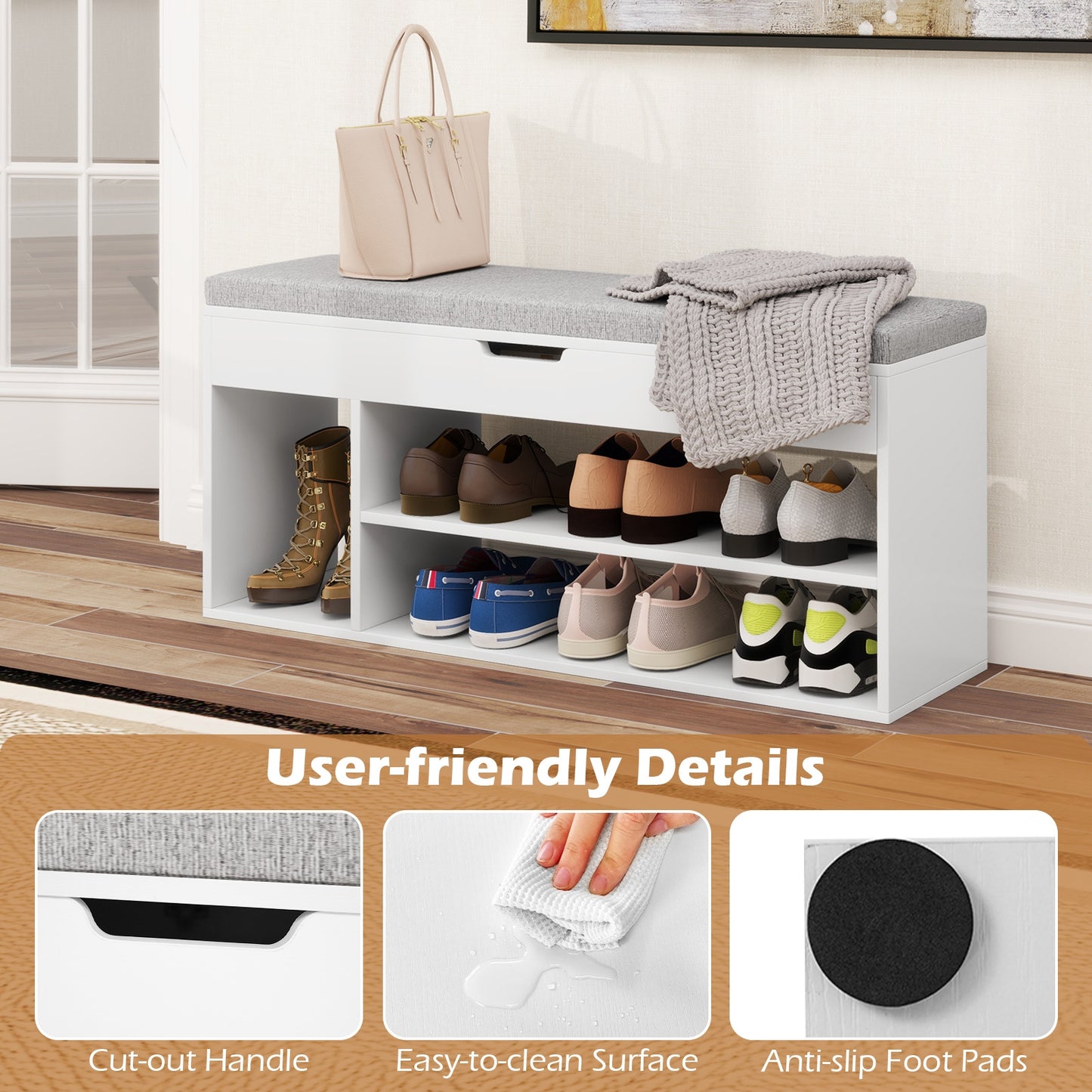Padded Seat Shoe Bench with Hidden Storage and 3 Open Shelves-White Kids Crystal