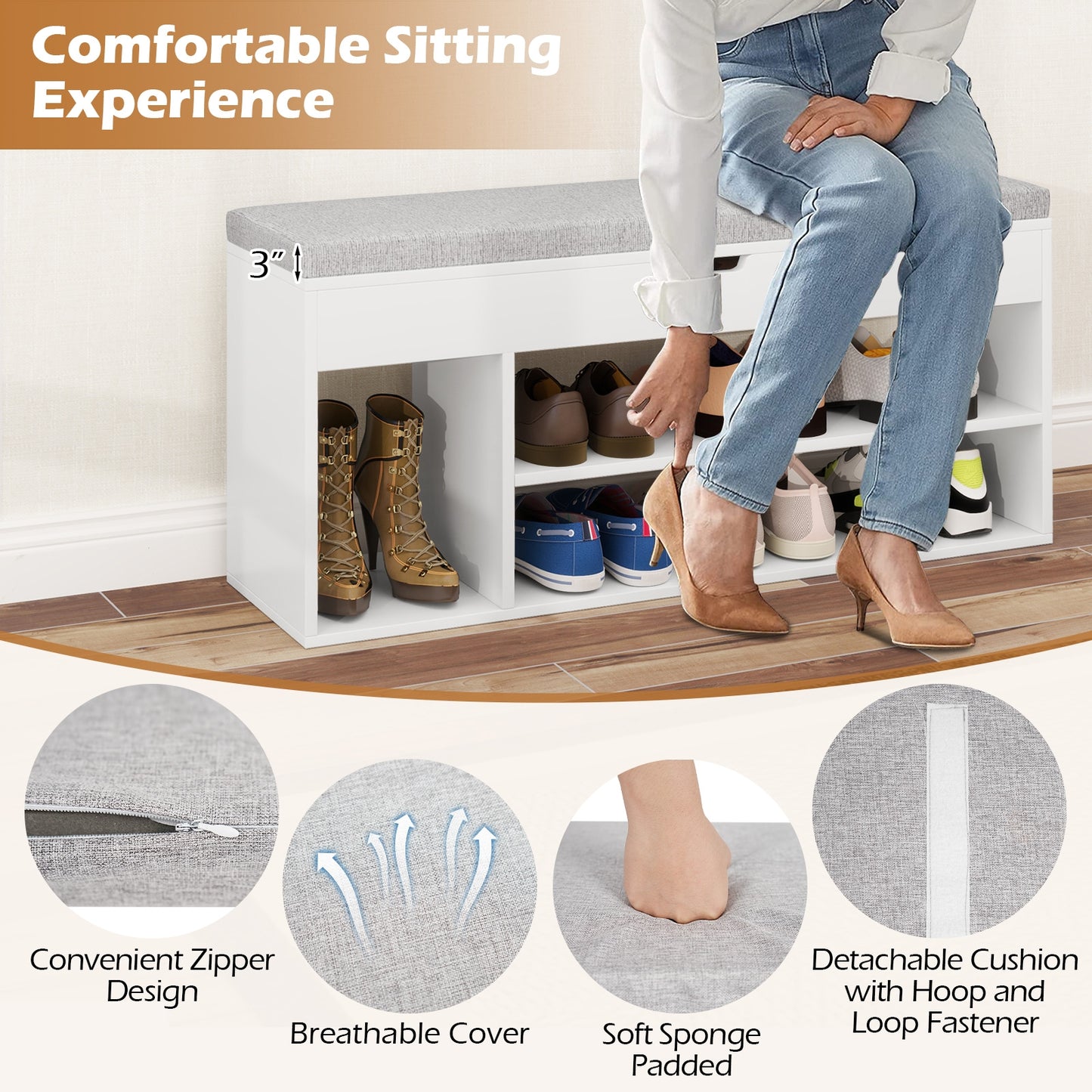 Padded Seat Shoe Bench with Hidden Storage and 3 Open Shelves-White Kids Crystal