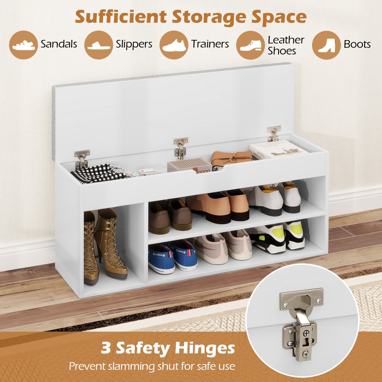 Padded Seat Shoe Bench with Hidden Storage and 3 Open Shelves-White Kids Crystal