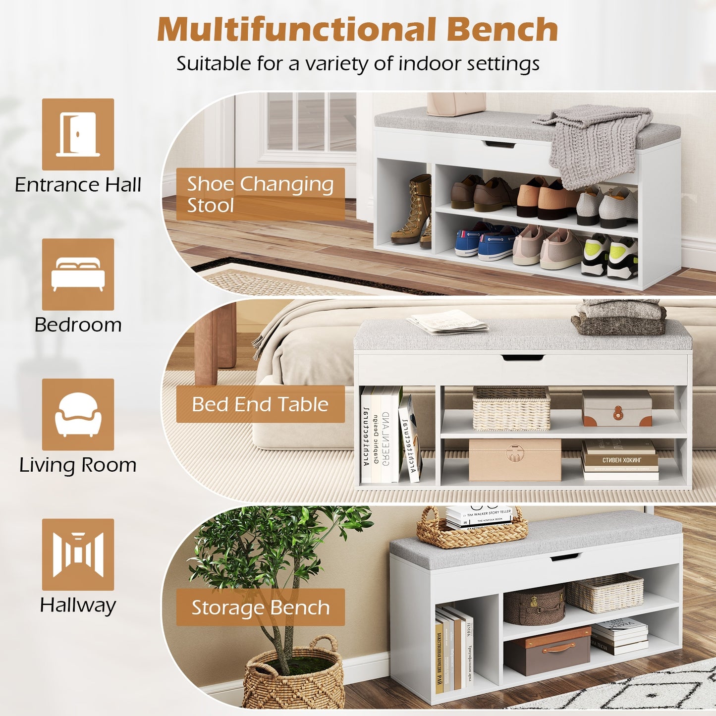 Padded Seat Shoe Bench with Hidden Storage and 3 Open Shelves-White Kids Crystal