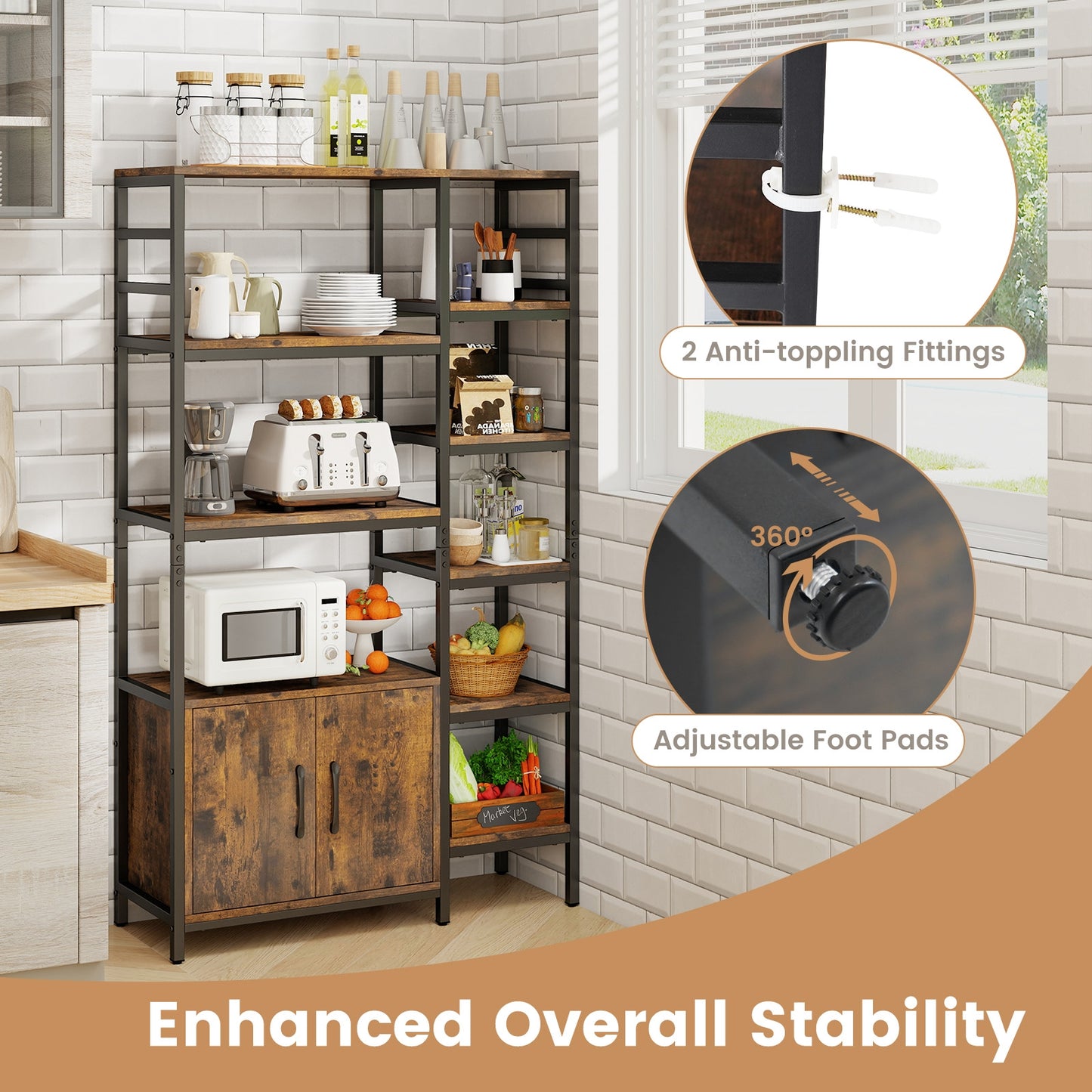 Double Wide 8-Tier Bookshelf with 2-Door Cabinet for Living Room Home Office-Rustic Brown Kids Crystal