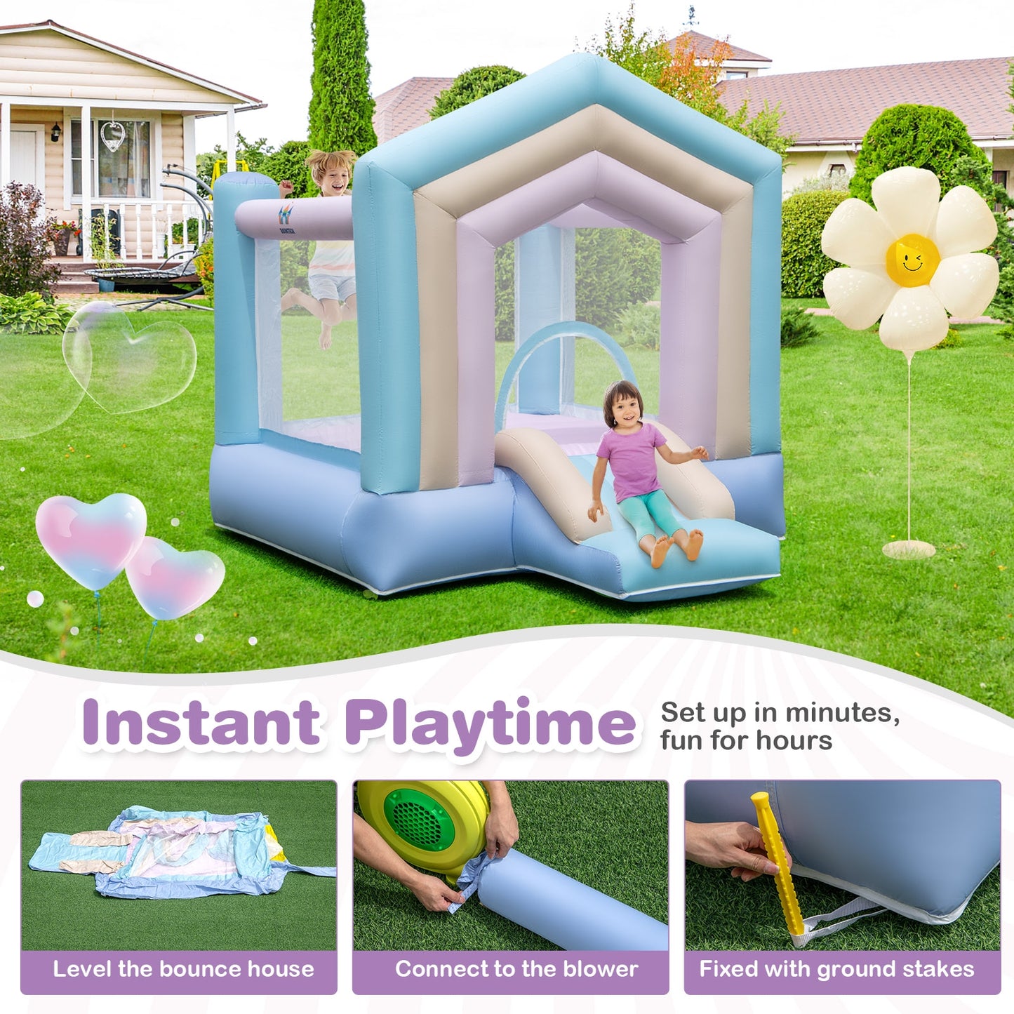 Kids Bounce House with Slide and Basketball Rim Bouncy Castle for Party with 480W Blower Kids Crystal