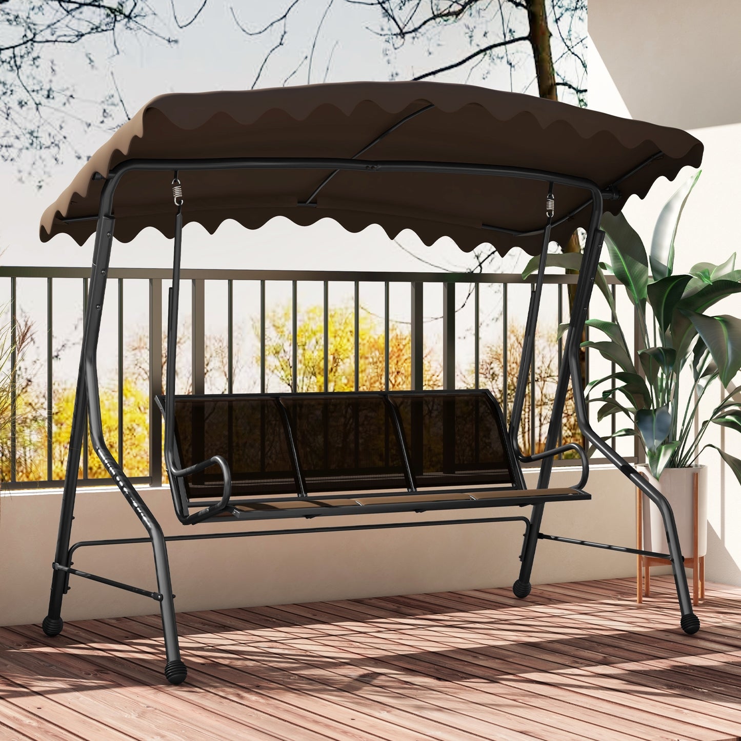 3-Seat Outdoor Porch Canopy Swing with Adjustable Shading-Brown Kids Crystal