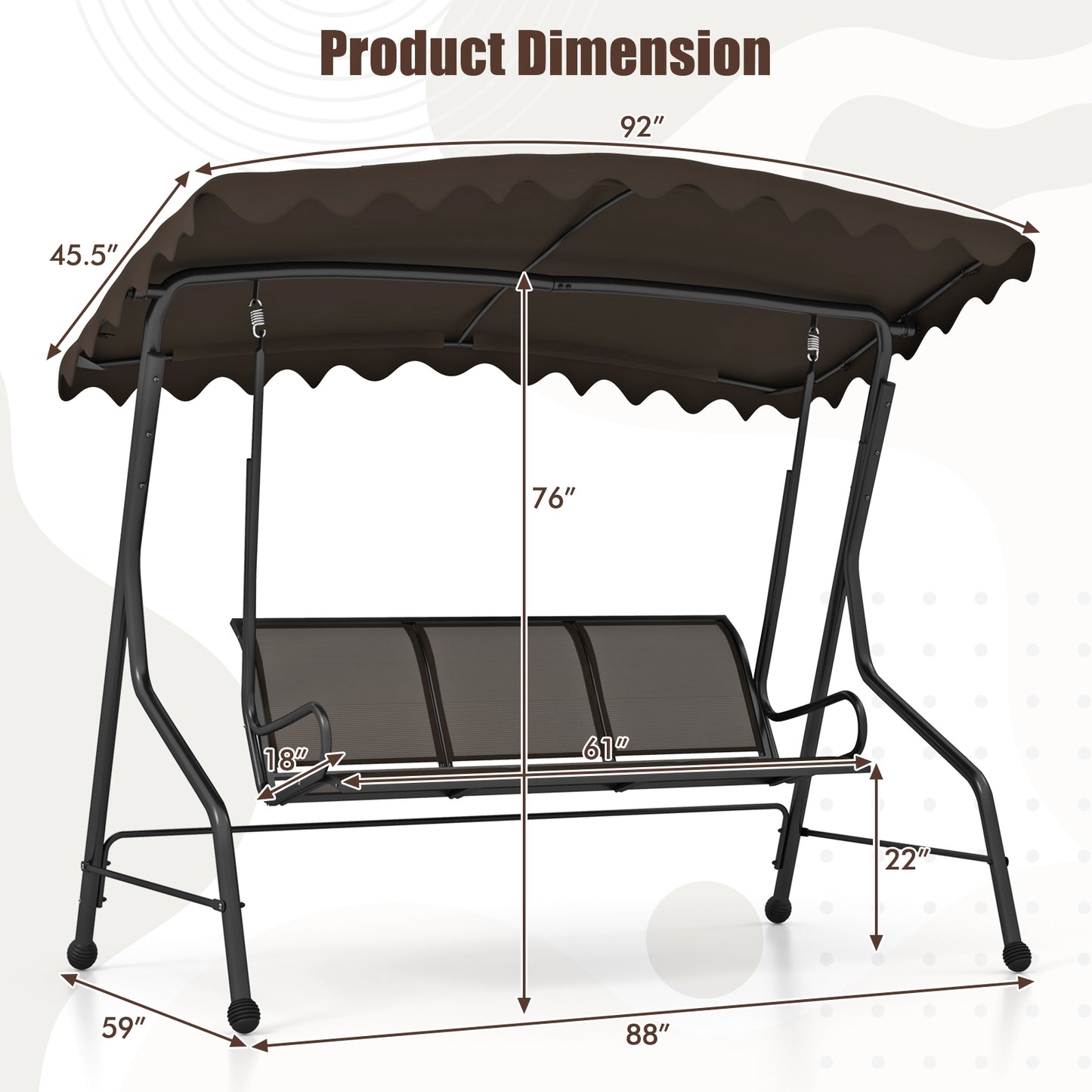 3-Seat Outdoor Porch Canopy Swing with Adjustable Shading-Brown Kids Crystal