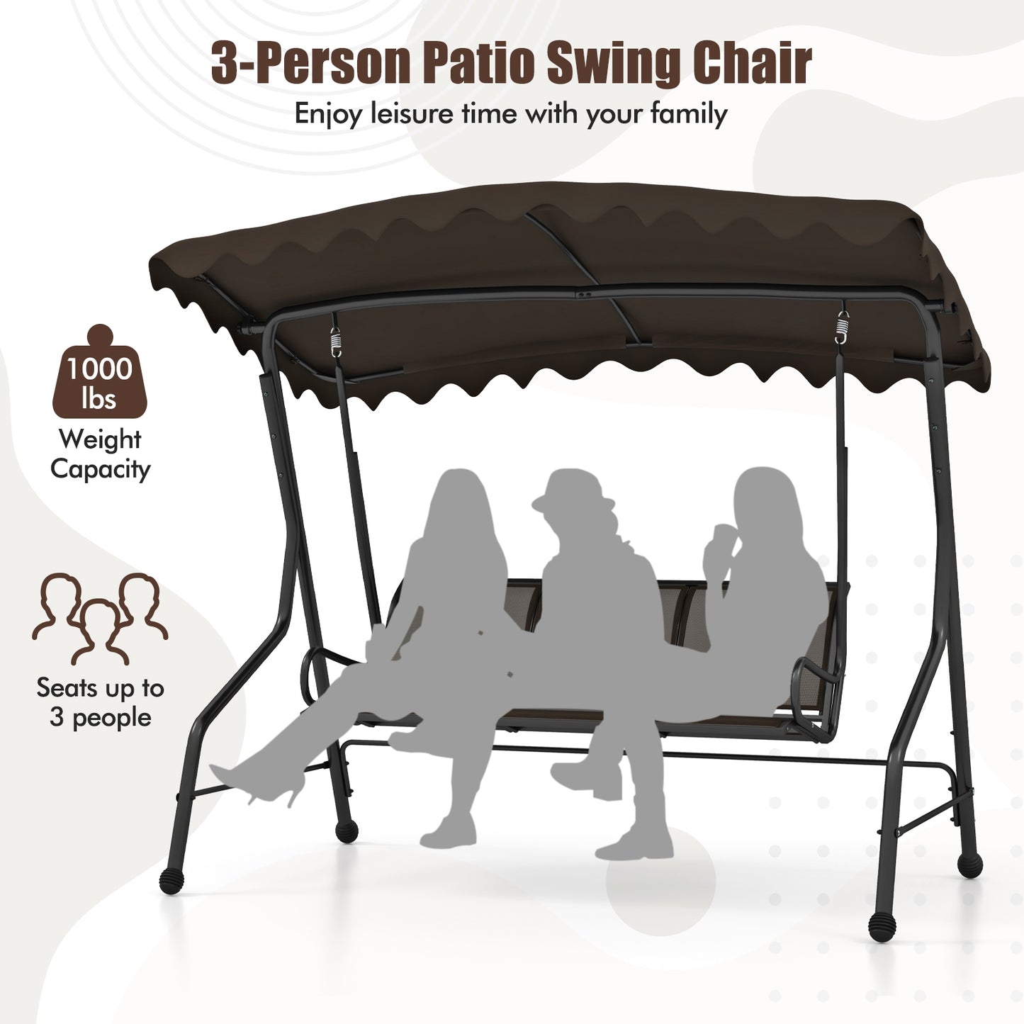 3-Seat Outdoor Porch Canopy Swing with Adjustable Shading-Brown Kids Crystal
