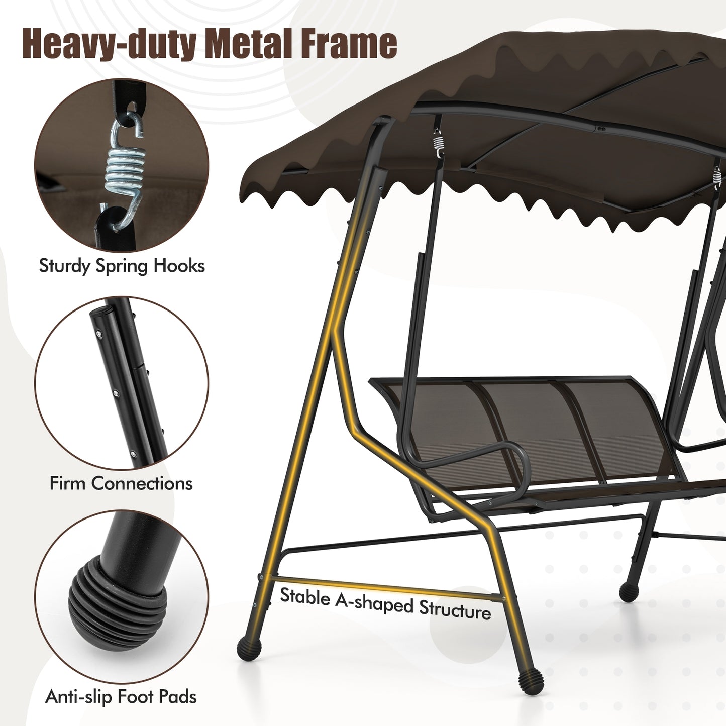 3-Seat Outdoor Porch Canopy Swing with Adjustable Shading-Brown Kids Crystal
