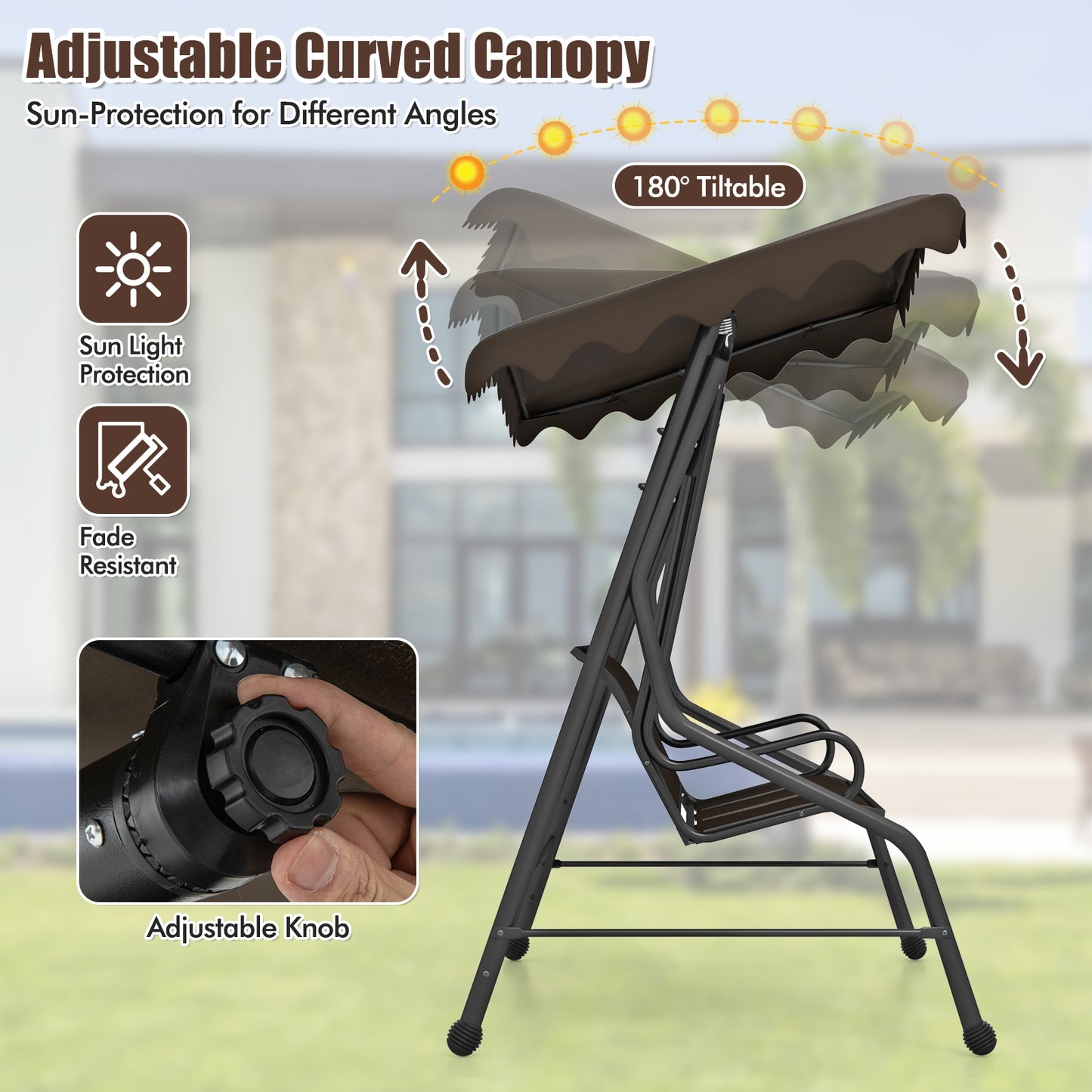 3-Seat Outdoor Porch Canopy Swing with Adjustable Shading-Brown Kids Crystal