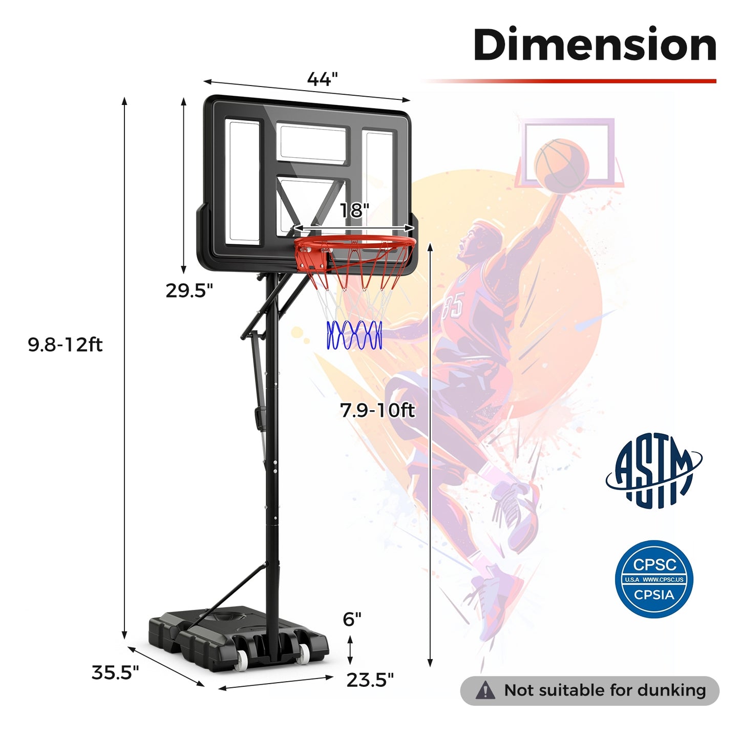 7.9-10 Feet Portable Basketball Hoop System with Sturdy Base and Wheels-Black Kids Crystal