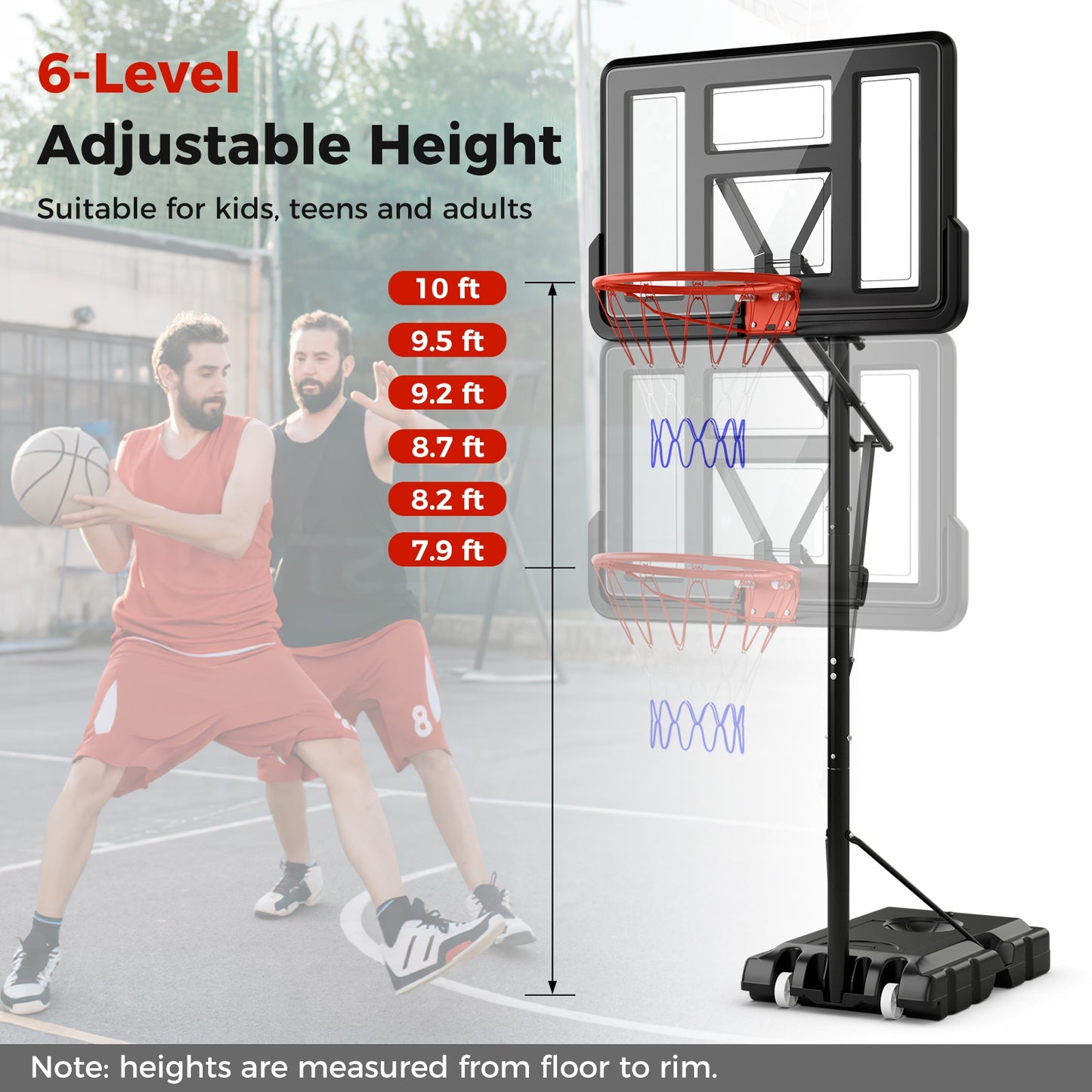 7.9-10 Feet Portable Basketball Hoop System with Sturdy Base and Wheels-Black Kids Crystal