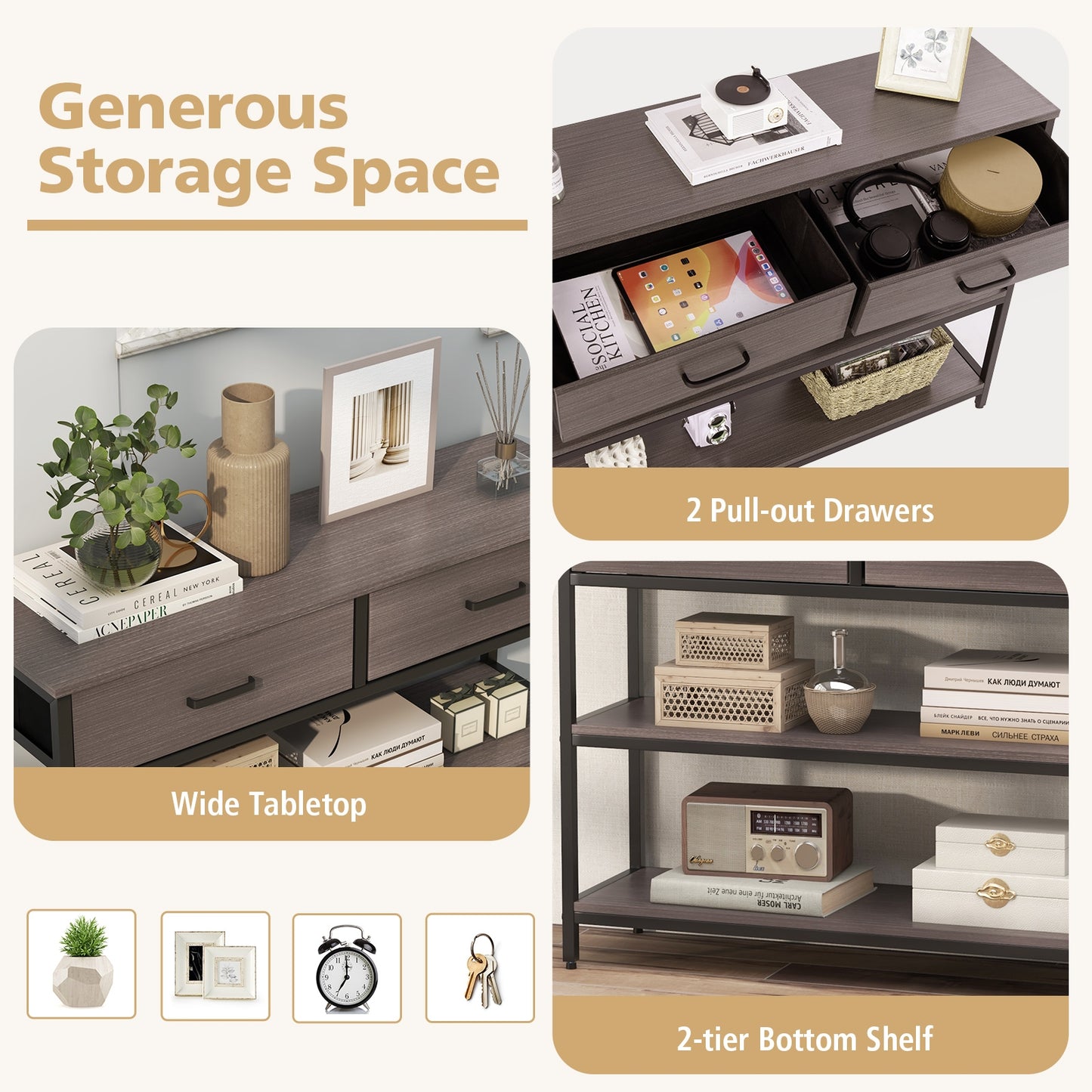 Console Table with Folding Fabric Drawers for Entryway-Gray Kids Crystal