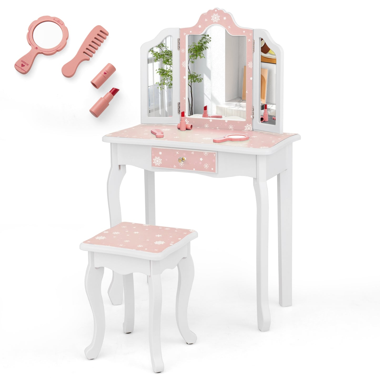 Princess Pretend Play Makeup Table and Stool Set with Tri-folding Mirror-Pink Kids Crystal