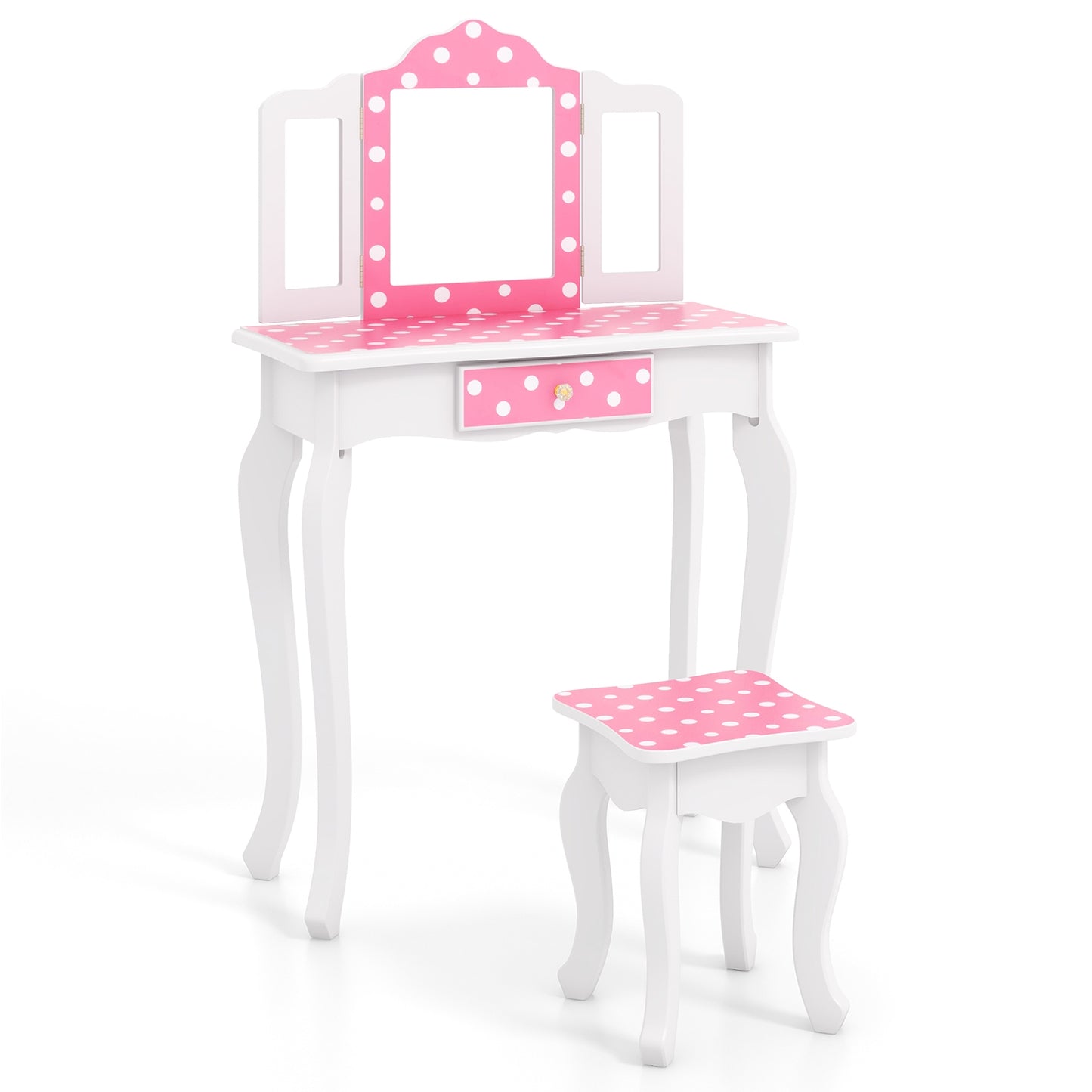 Princess Pretend Play Makeup Dressing Table with Cute Polka Dot Print-Pink Kids Crystal