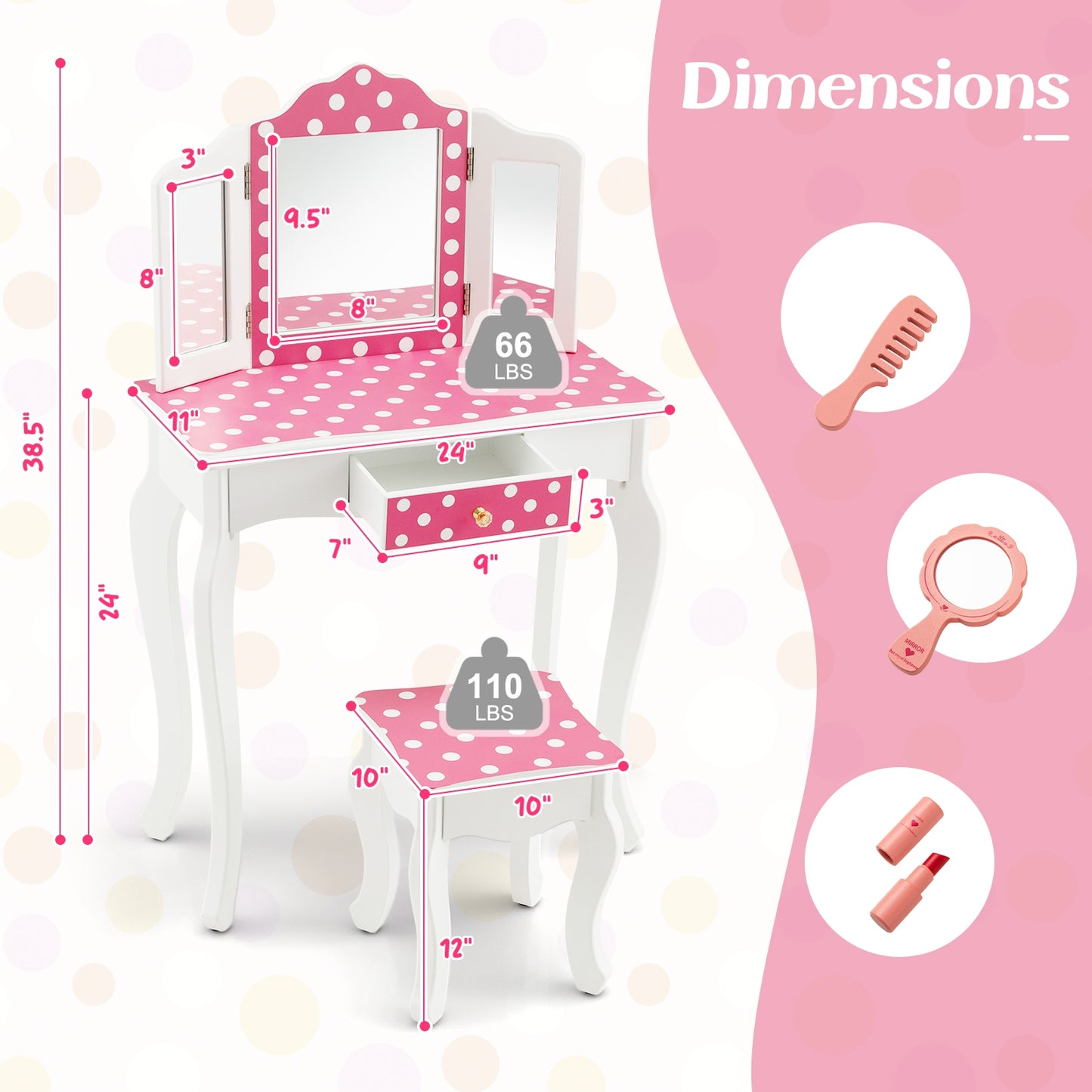 Princess Pretend Play Makeup Dressing Table with Cute Polka Dot Print-Pink Kids Crystal